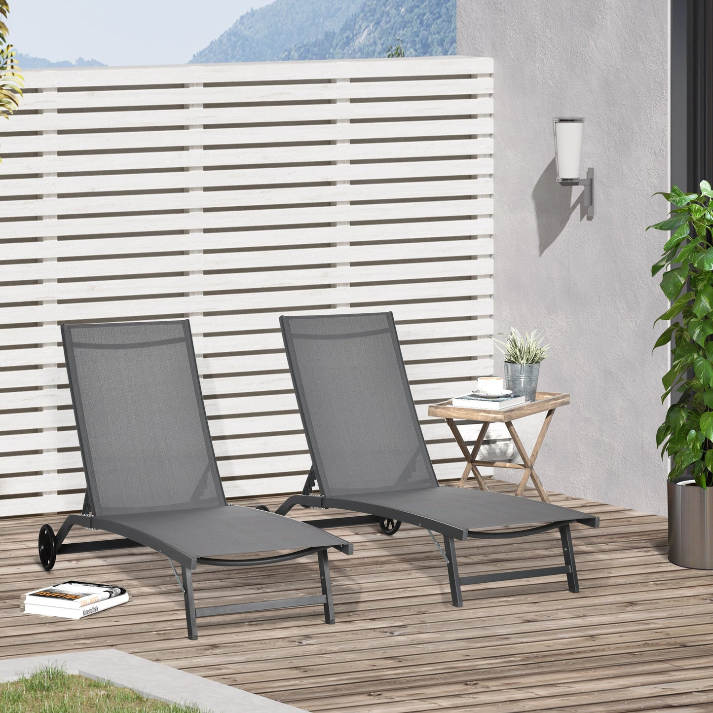 Lounge Chair Outdoor Set of 2 with Wheels, 5-Position Reclining Chaise Lounge Tanning Chair, Breathable Mesh Sun Lounger for Patio, Backyard, Beach, Poolside, Dark Grey