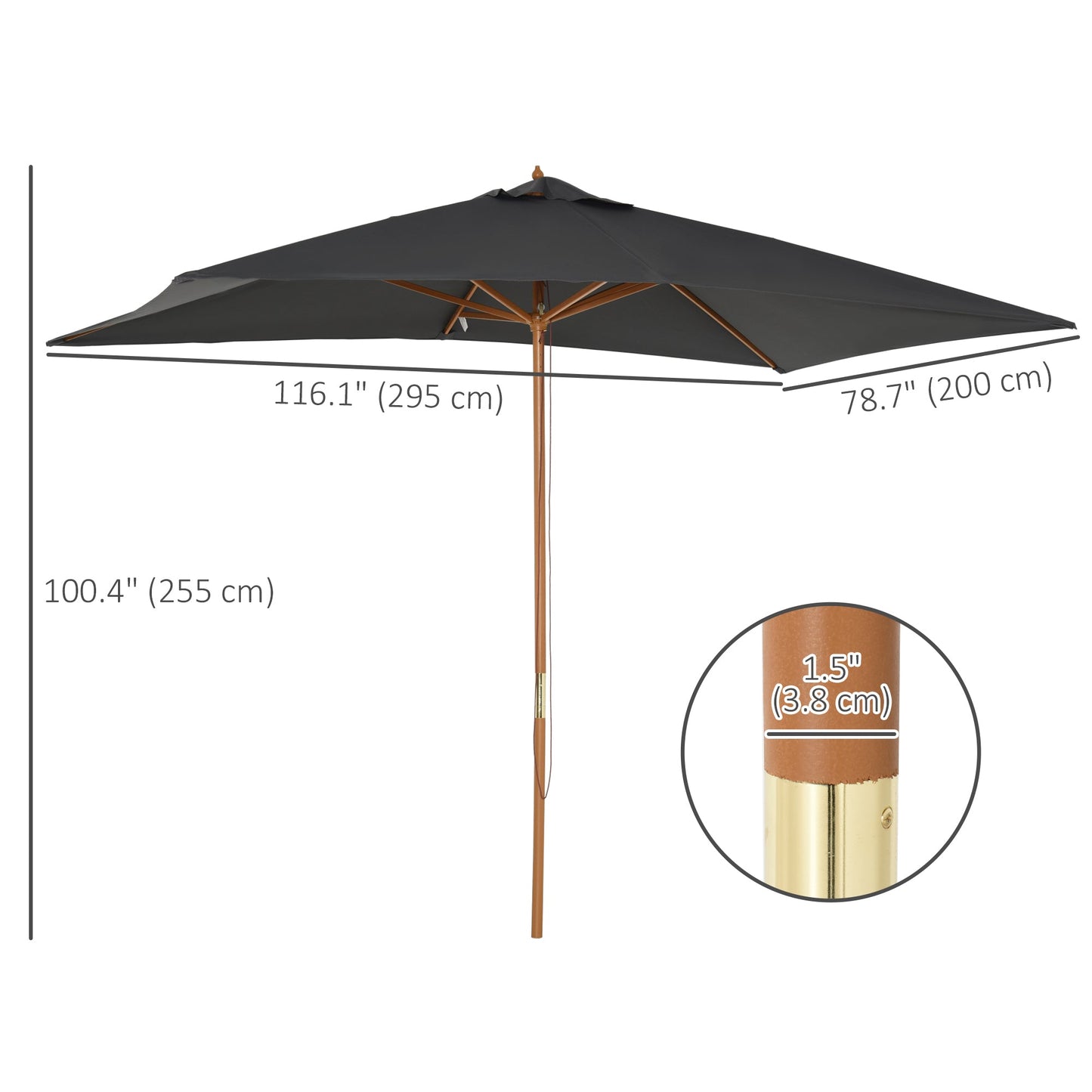 7' x 10' Wooden Patio Umbrella, Rectangular Garden Parasol, Market Table Umbrella with Top Vent, Dark Grey