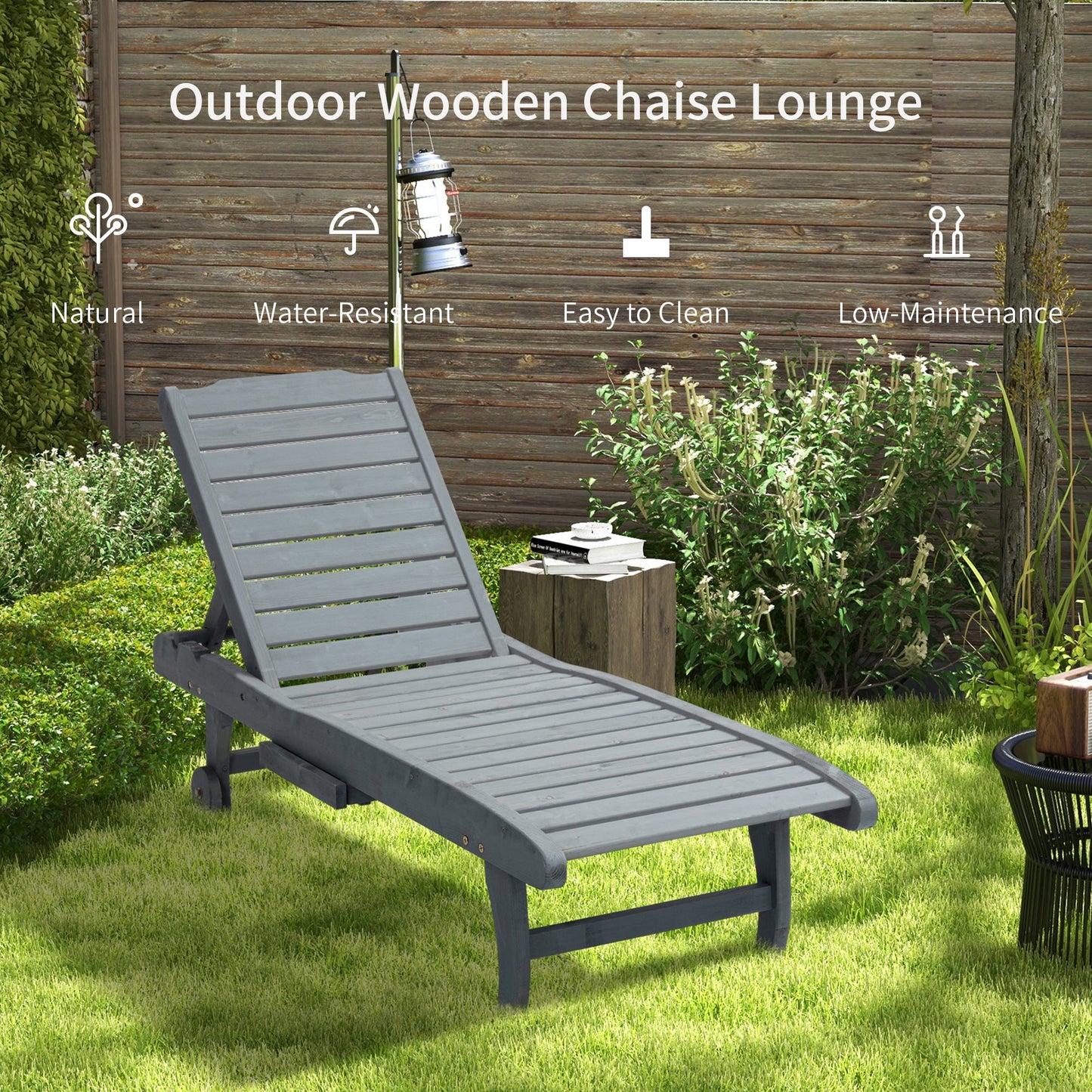 Wooden Outdoor Lounge Chair, Adjustable Patio Outdoor Chaise Recliner Garden Furniture, Tanning Chair with Pull-out Tray and 2 Wheels, Grey