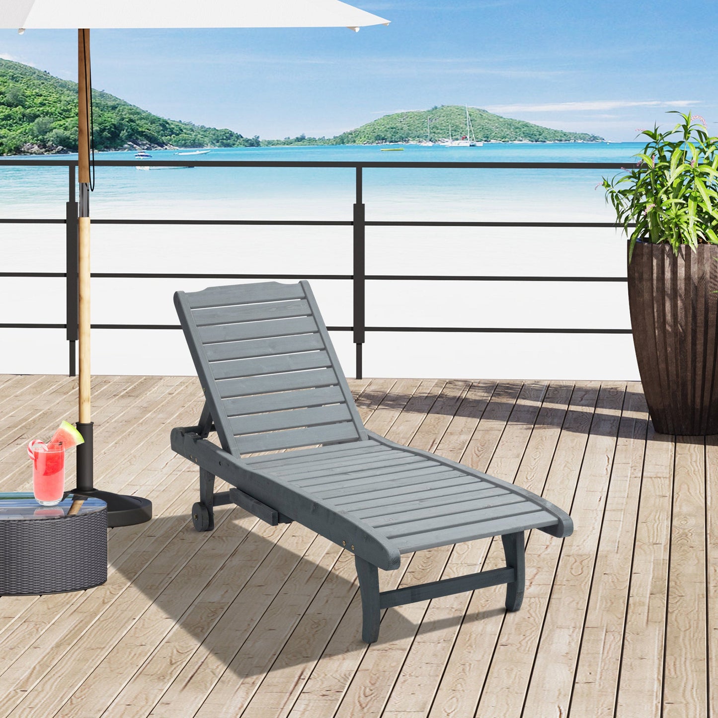 Wooden Outdoor Lounge Chair, Adjustable Patio Outdoor Chaise Recliner Garden Furniture, Tanning Chair with Pull-out Tray and 2 Wheels, Grey