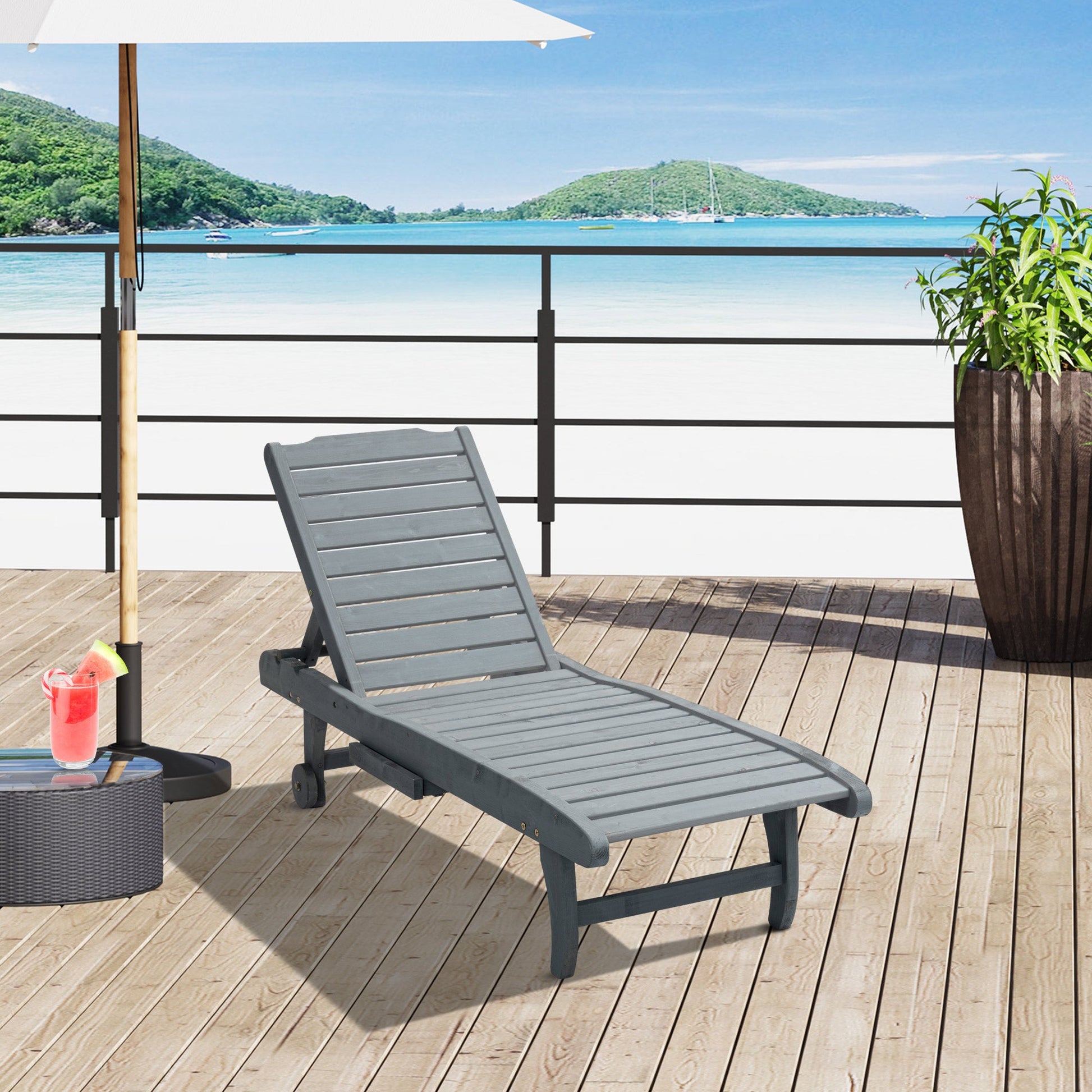 Wooden Outdoor Lounge Chair, Adjustable Patio Outdoor Chaise Recliner Garden Furniture, Tanning Chair with Pull-out Tray and 2 Wheels, Grey