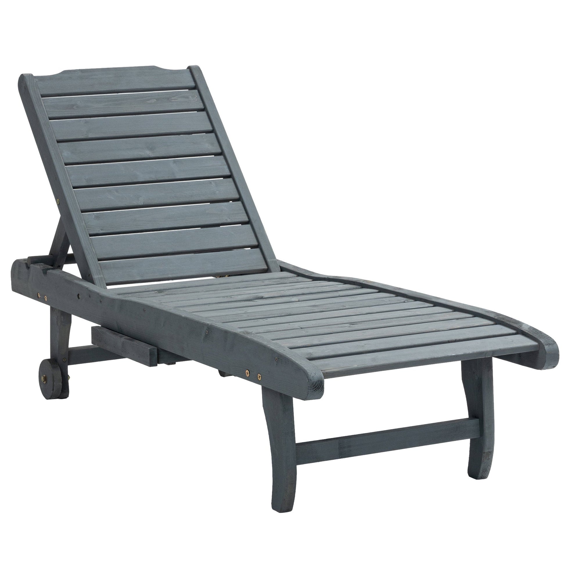 Wooden Outdoor Lounge Chair, Adjustable Patio Outdoor Chaise Recliner Garden Furniture, Tanning Chair with Pull-out Tray and 2 Wheels, Grey