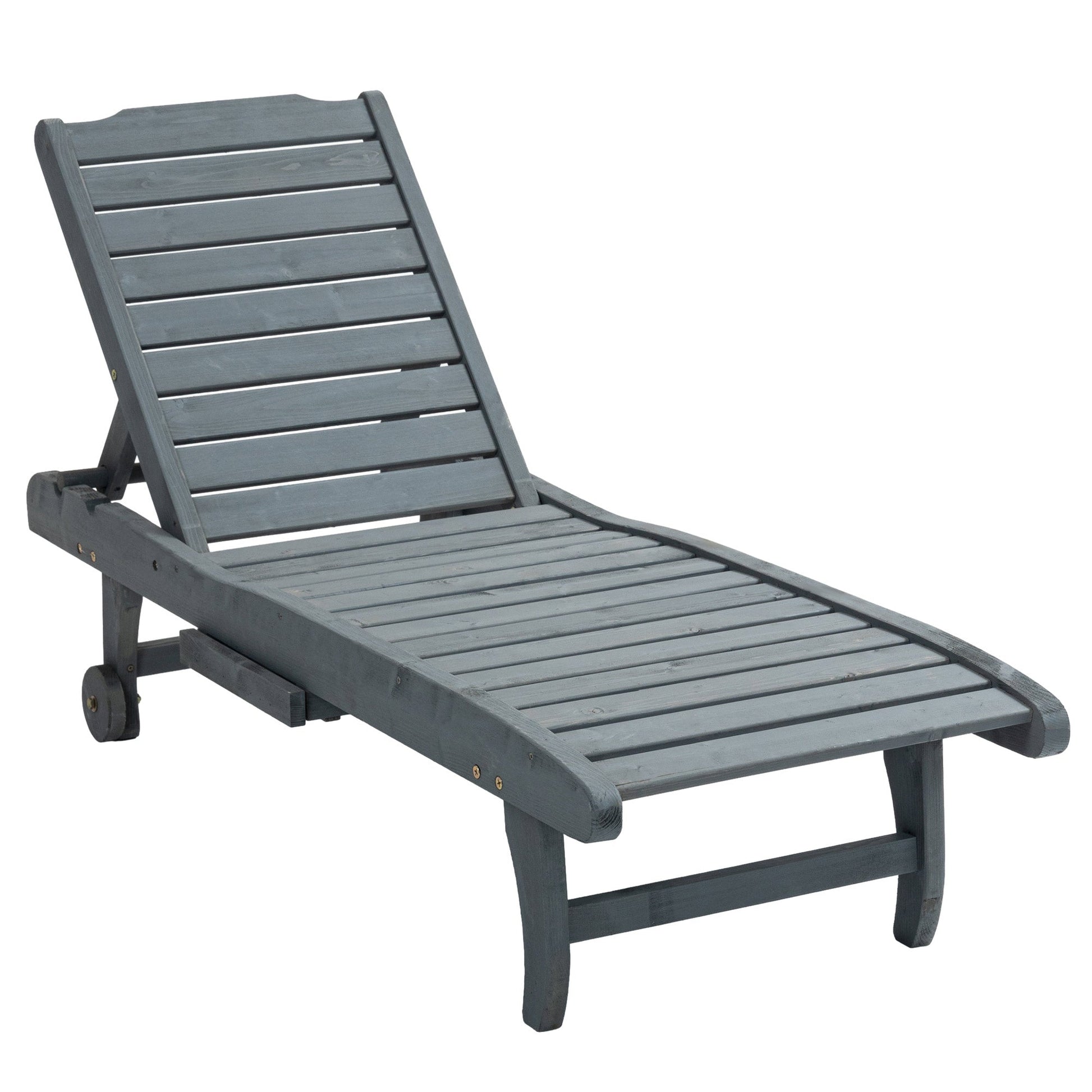 Wooden Outdoor Lounge Chair, Adjustable Patio Outdoor Chaise Recliner Garden Furniture, Tanning Chair with Pull-out Tray and 2 Wheels, Grey