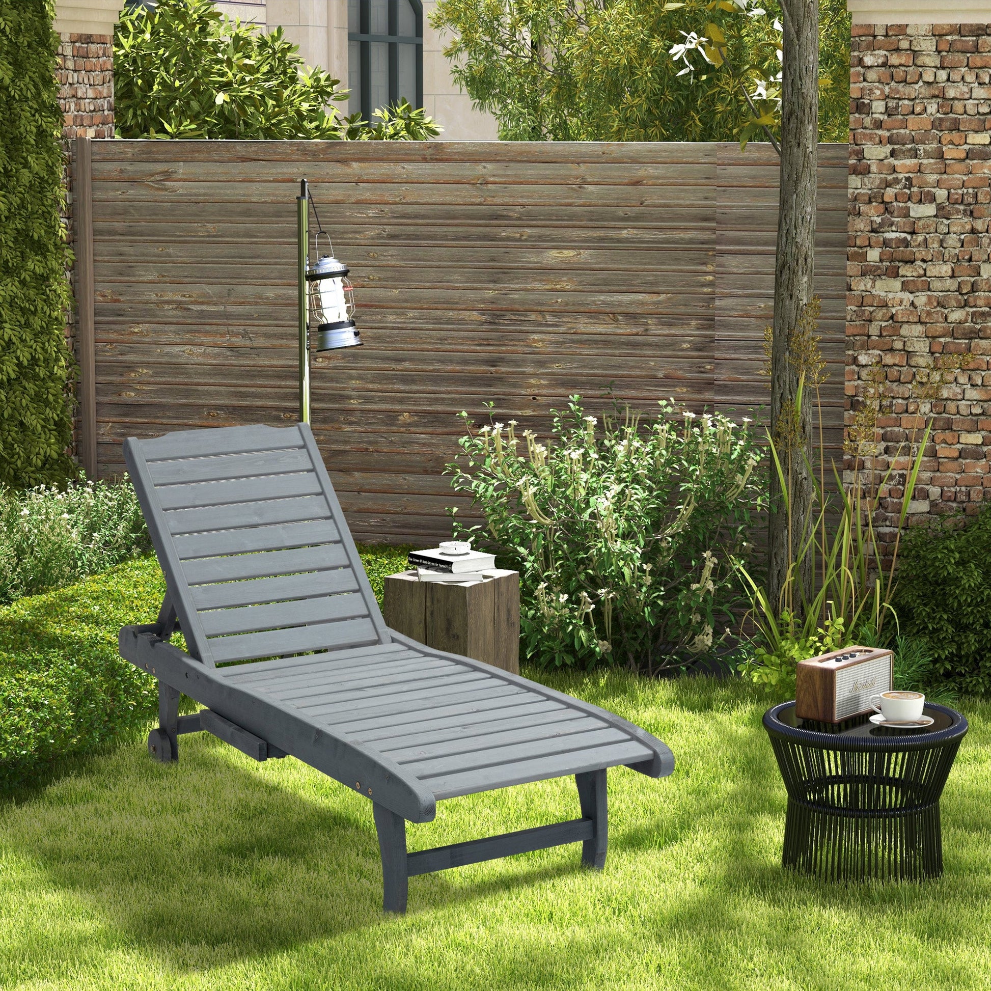 Wooden Outdoor Lounge Chair, Adjustable Patio Outdoor Chaise Recliner Garden Furniture, Tanning Chair with Pull-out Tray and 2 Wheels, Grey