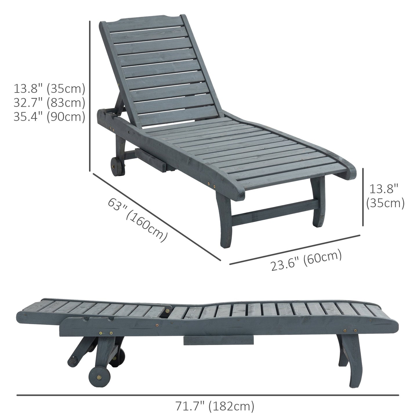 Wooden Outdoor Lounge Chair, Adjustable Patio Outdoor Chaise Recliner Garden Furniture, Tanning Chair with Pull-out Tray and 2 Wheels, Grey