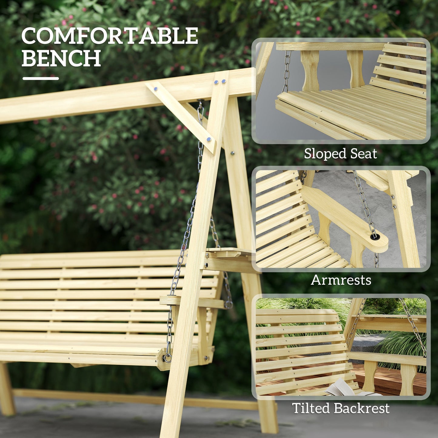 3 Seat Porch Swing with Stand, Wooden Patio Swing Chair with Side Tables and Metal Chains, Outdoor Swing Bench for Garden, Poolside, Backyard, Natural Wood