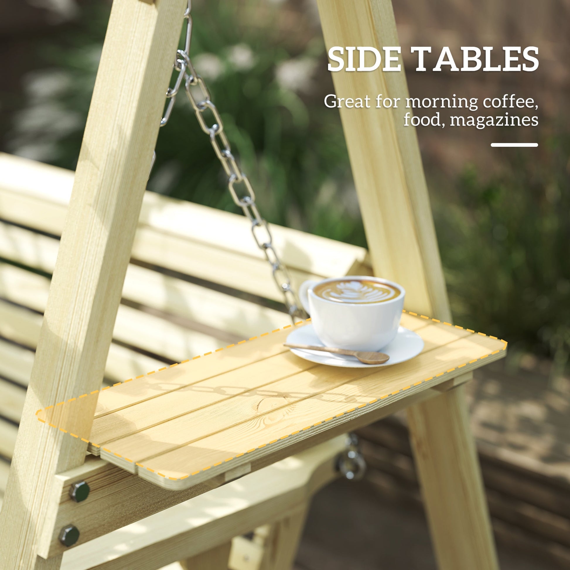 3 Seat Porch Swing with Stand, Wooden Patio Swing Chair with Side Tables and Metal Chains, Outdoor Swing Bench for Garden, Poolside, Backyard, Natural Wood