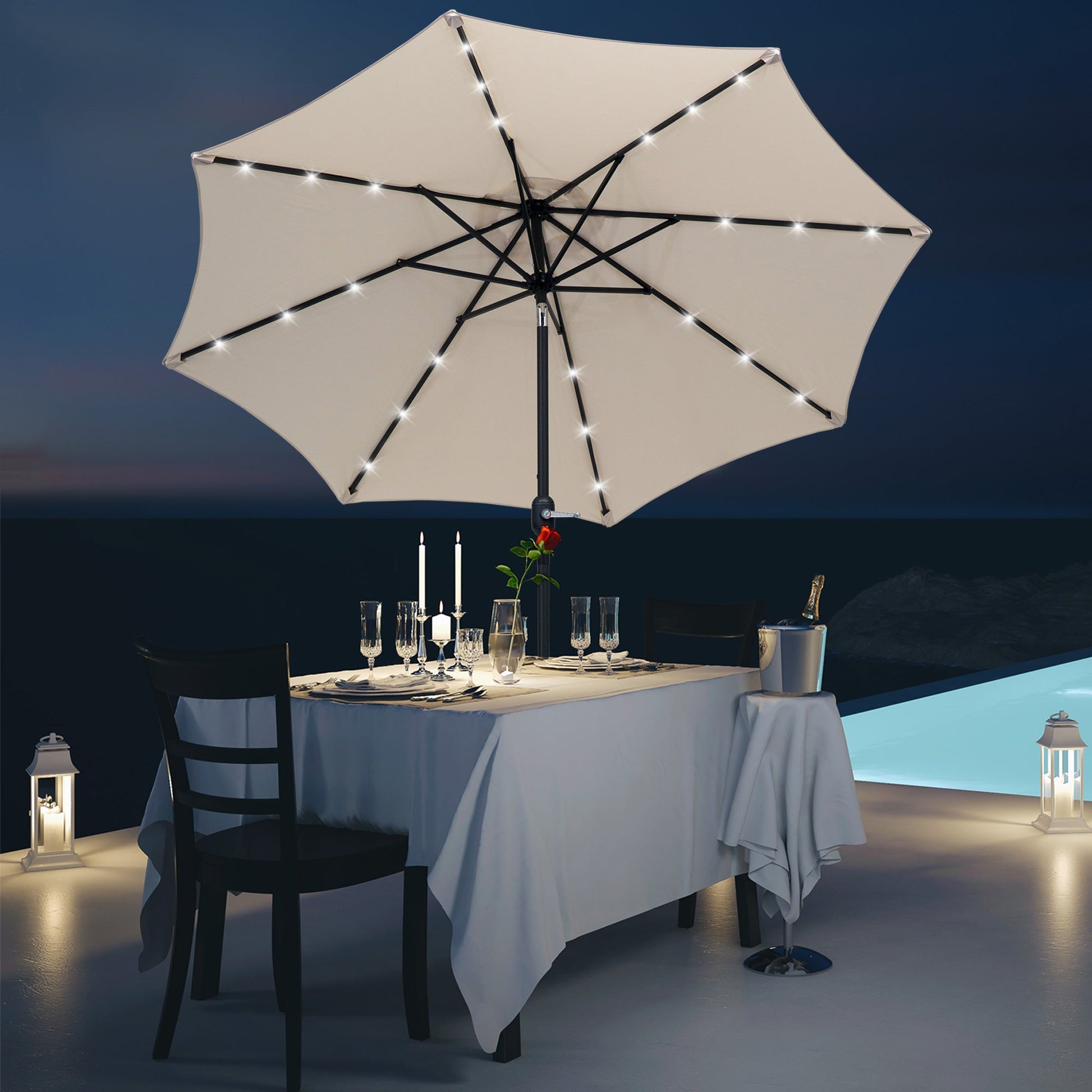 9ft Solar Patio Umbrella Outdoor Sunshade 24 LED Lights Tilt Canopy, Cream