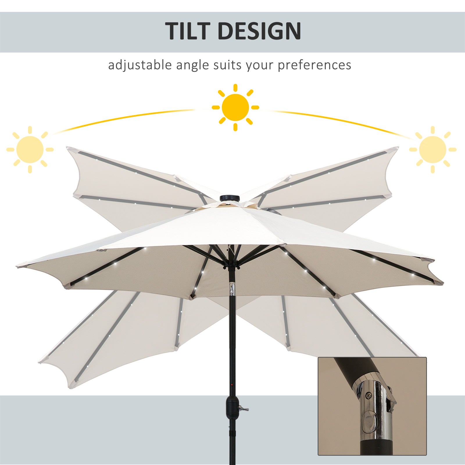 9ft Solar Patio Umbrella Outdoor Sunshade 24 LED Lights Tilt Canopy, Cream