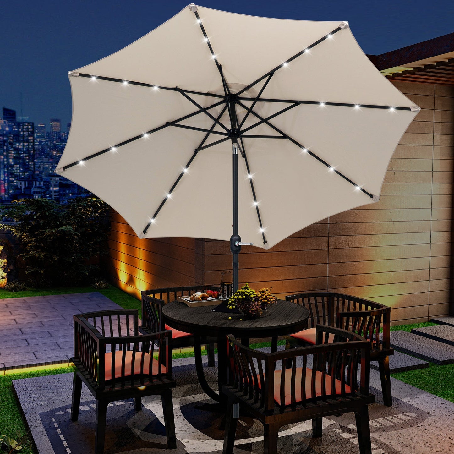 9ft Solar Patio Umbrella Outdoor Sunshade 24 LED Lights Tilt Canopy, Cream