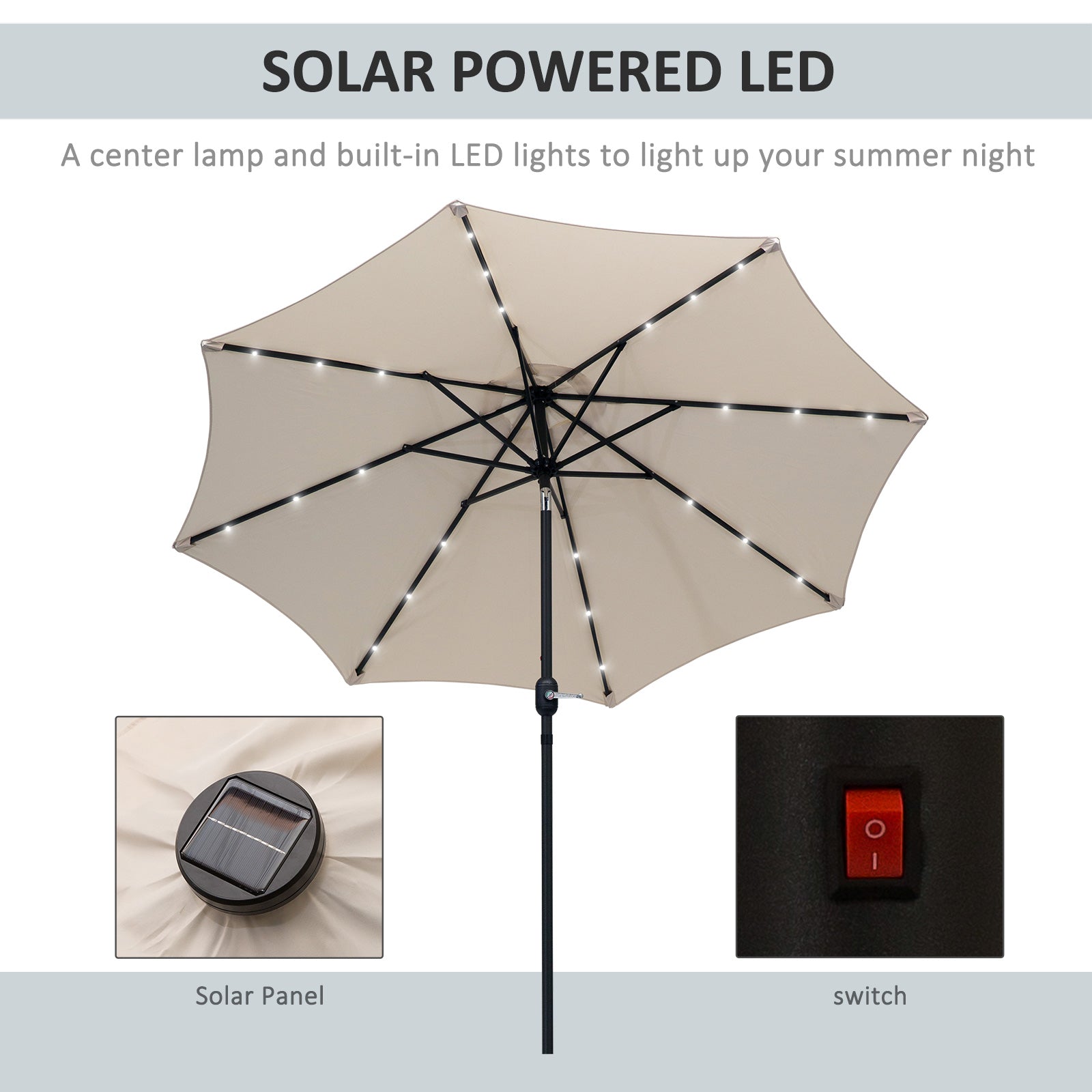 9ft Solar Patio Umbrella Outdoor Sunshade 24 LED Lights Tilt Canopy, Cream