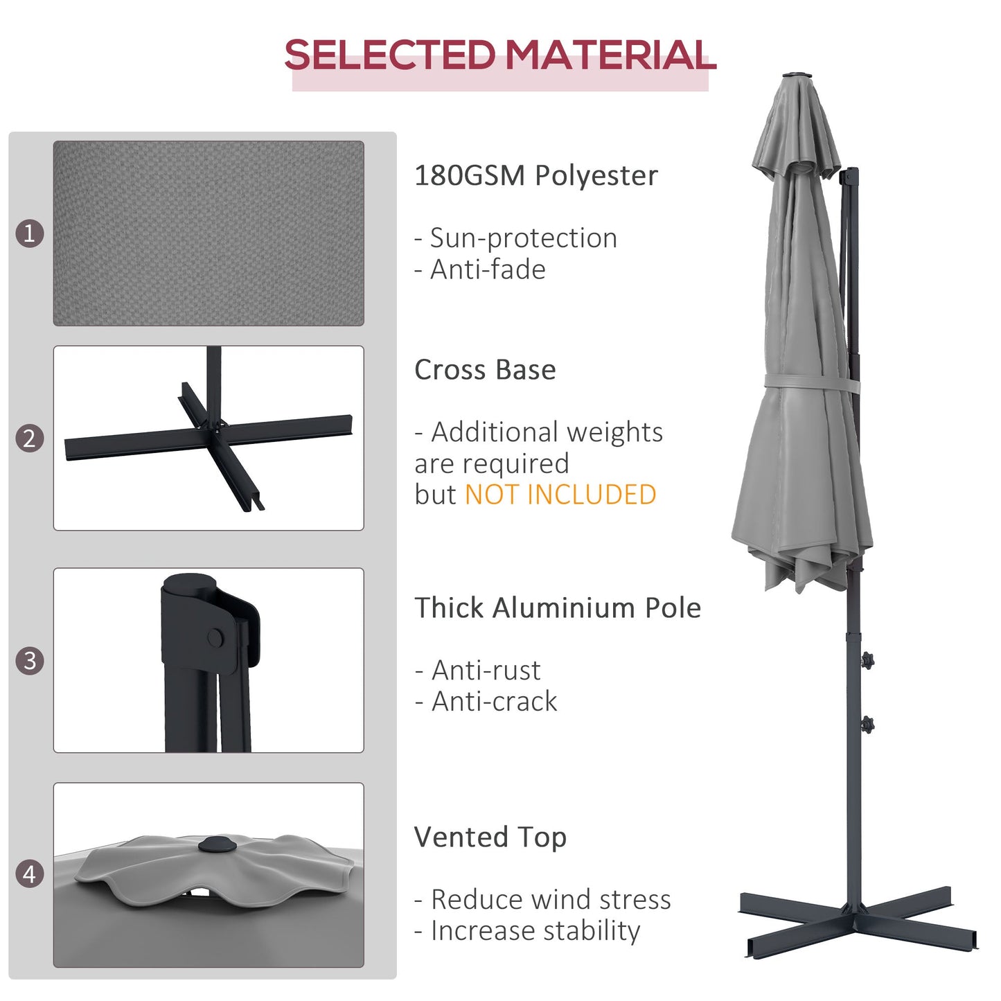 10 FT Cantilever Patio Umbrella, Round Hanging Offset Umbrella with 360°Rotation, Crank, Tilt, Cross Base, 8 Ribs, Air Vent, Outdoor Umbrella for Garden, Backyard, Grey