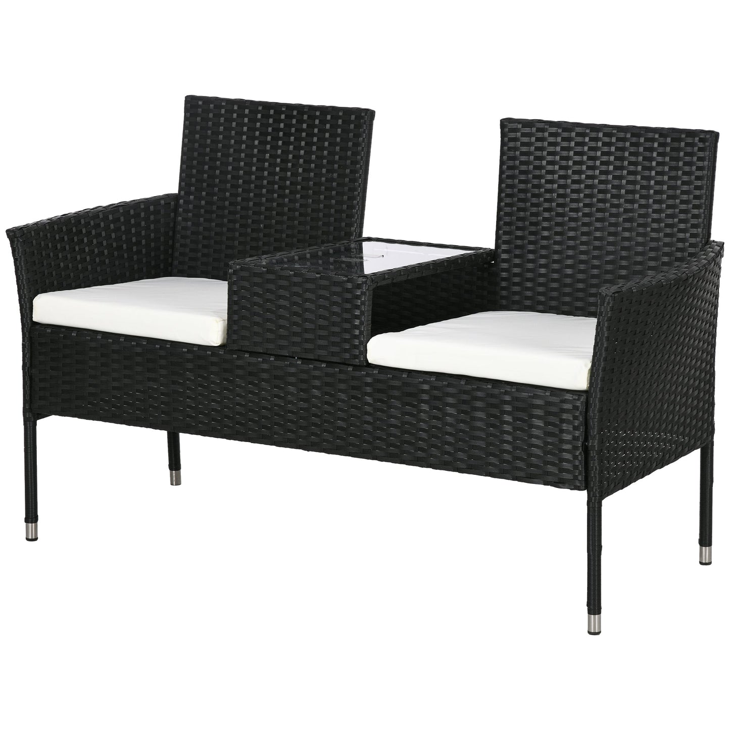 2-Seat Patio Furniture with Tea Table, Outdoor PE Rattan Wicker Loveseat with Padded Cushions and Tempered Glass Top for Garden, Porch, Poolside, Cream White