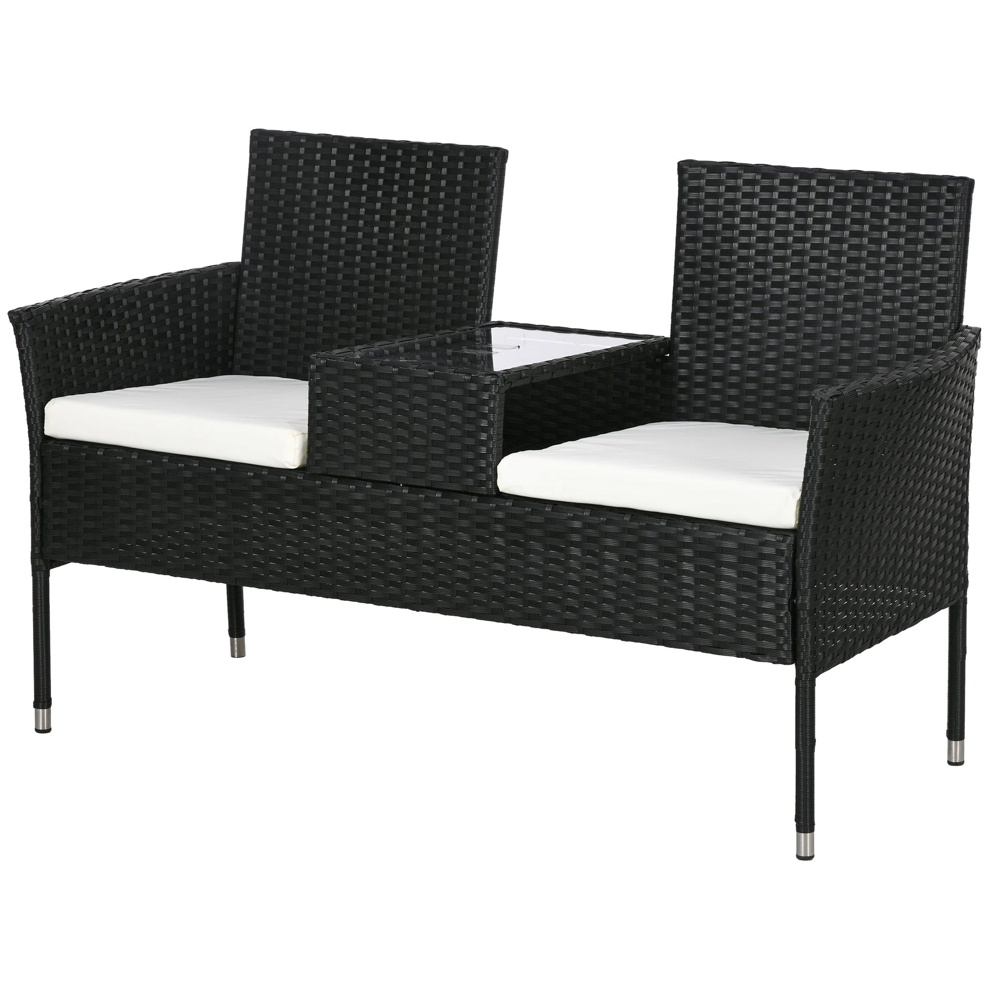 2-Seat Patio Furniture with Tea Table, Outdoor PE Rattan Wicker Loveseat with Padded Cushions and Tempered Glass Top for Garden, Porch, Poolside, Cream White