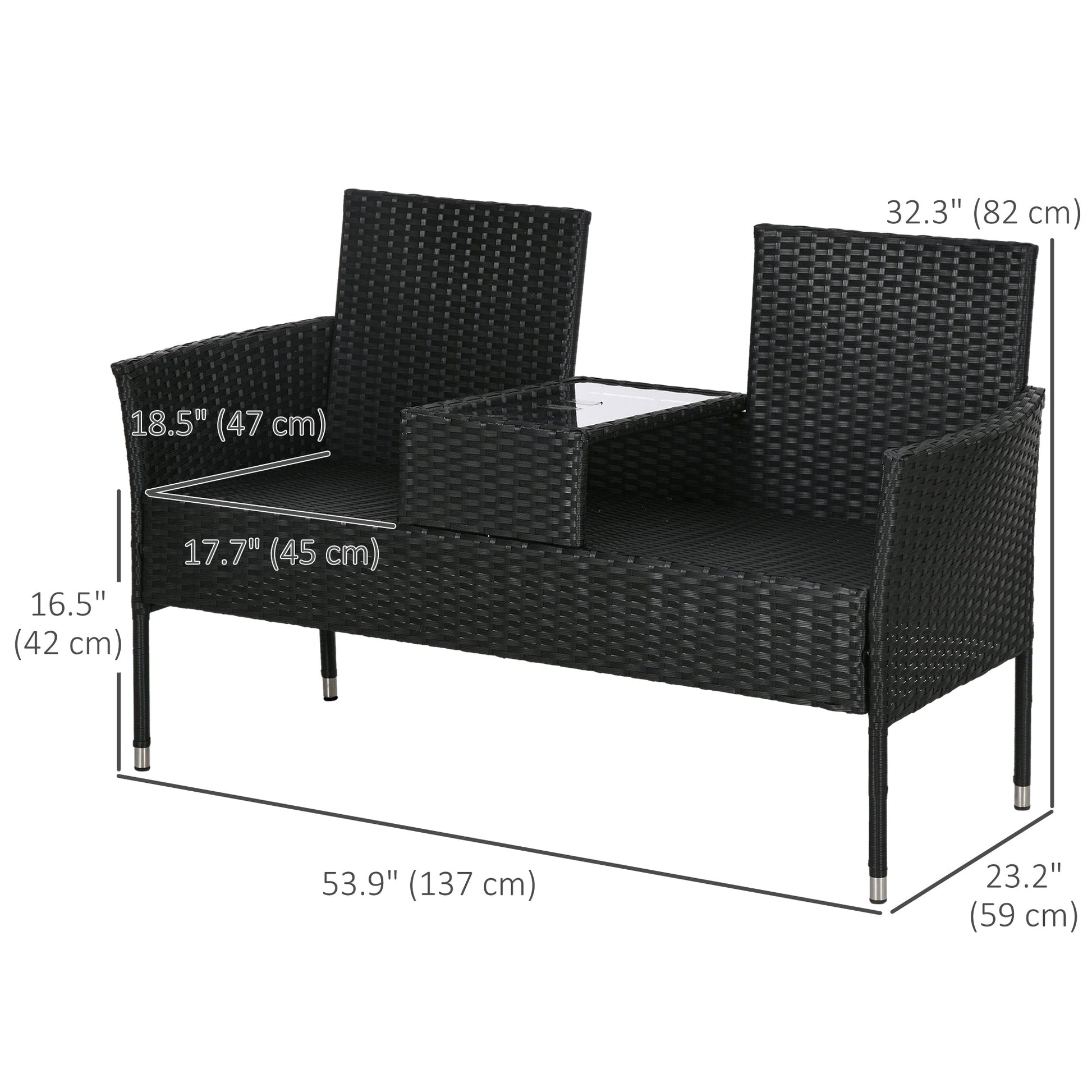 2-Seat Patio Furniture with Tea Table, Outdoor PE Rattan Wicker Loveseat with Padded Cushions and Tempered Glass Top for Garden, Porch, Poolside, Cream White