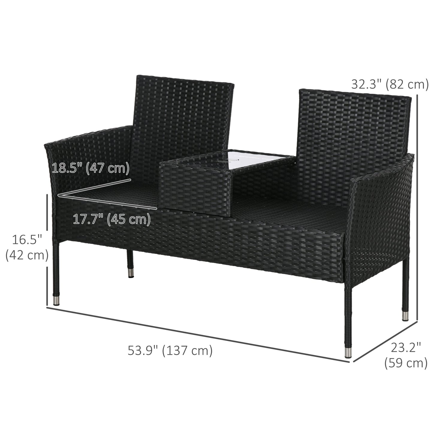 2-Seat Patio Furniture with Tea Table, Outdoor PE Rattan Wicker Loveseat with Padded Cushions and Tempered Glass Top for Garden, Porch, Poolside, Cream White