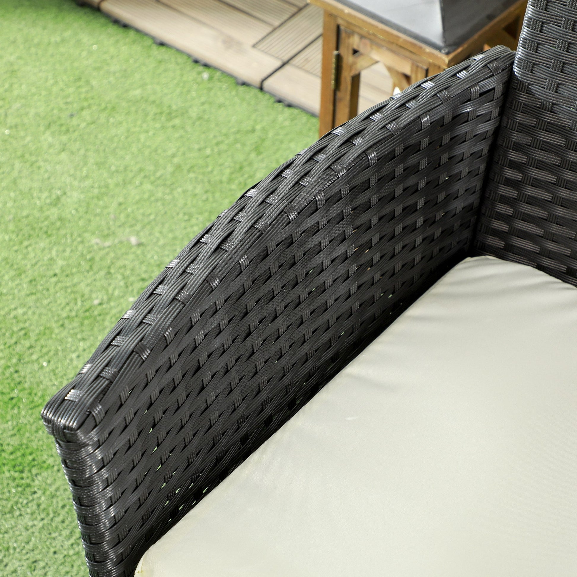 2-Seat Patio Furniture with Tea Table, Outdoor PE Rattan Wicker Loveseat with Padded Cushions and Tempered Glass Top for Garden, Porch, Poolside, Cream White