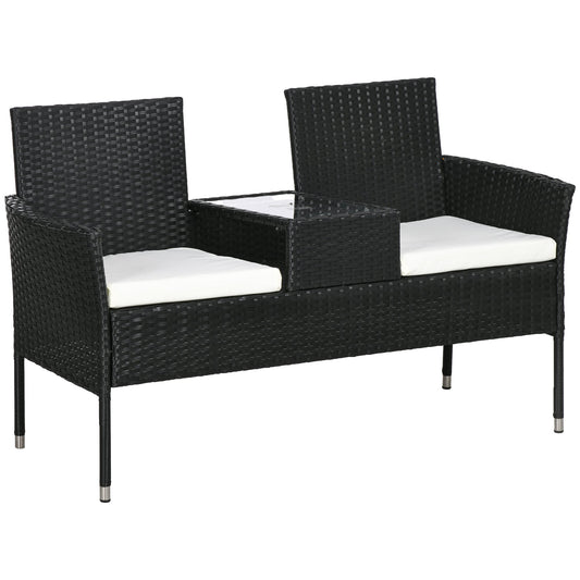 2-Seat Patio Furniture with Tea Table, Outdoor PE Rattan Wicker Loveseat with Padded Cushions and Tempered Glass Top for Garden, Porch, Poolside, Cream White