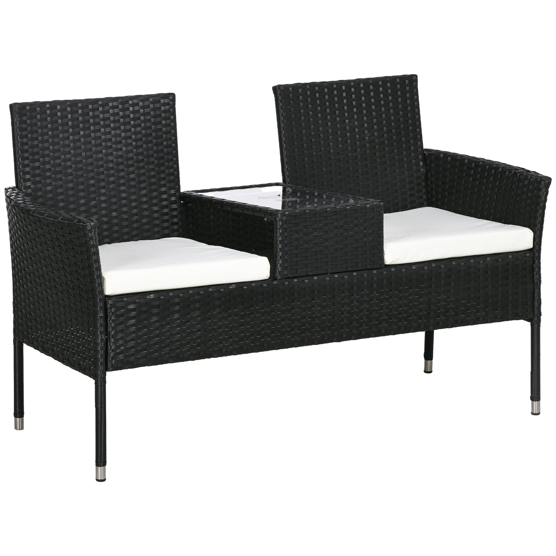 2-Seat Patio Furniture with Tea Table, Outdoor PE Rattan Wicker Loveseat with Padded Cushions and Tempered Glass Top for Garden, Porch, Poolside, Cream White