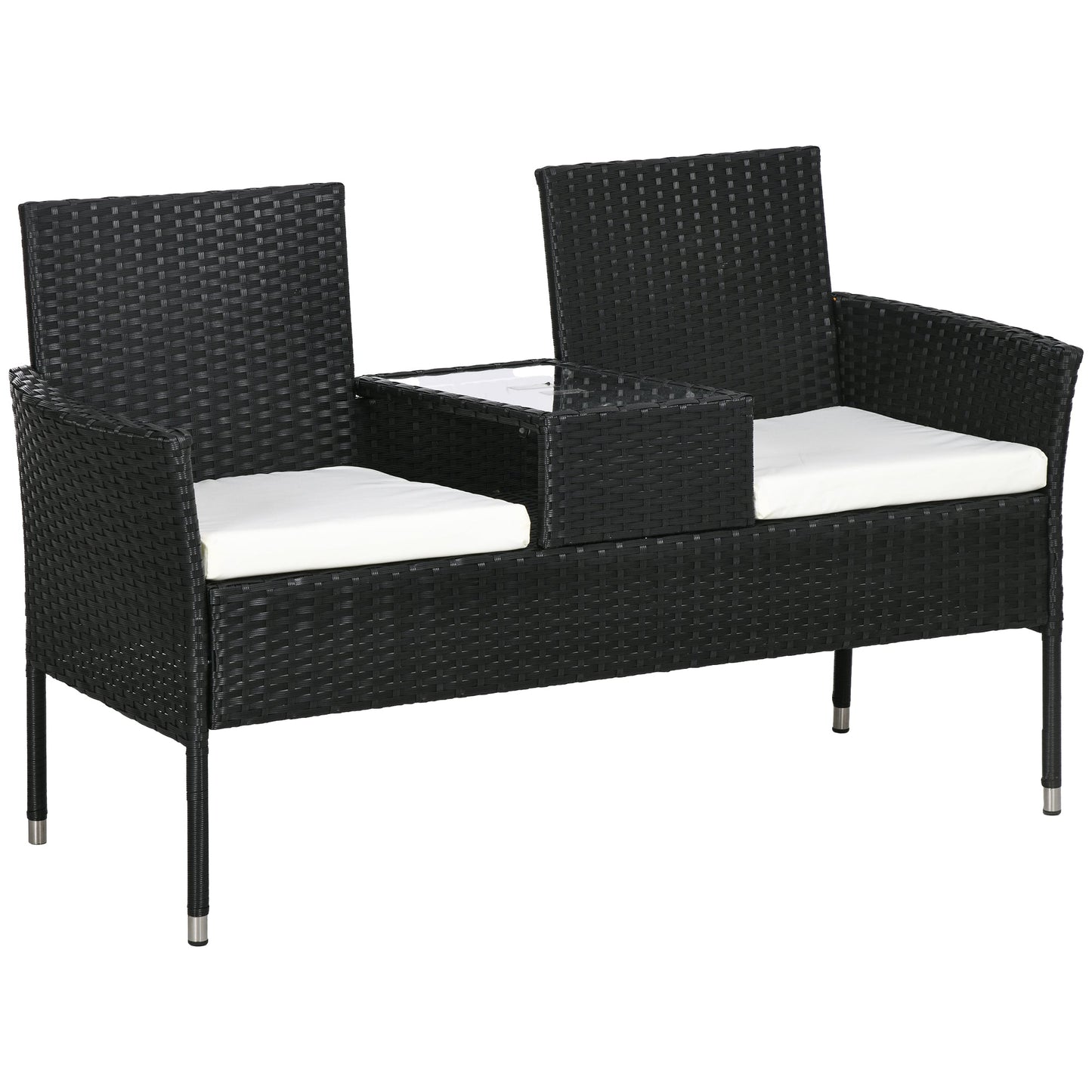 2-Seat Patio Furniture with Tea Table, Outdoor PE Rattan Wicker Loveseat with Padded Cushions and Tempered Glass Top for Garden, Porch, Poolside, Cream White
