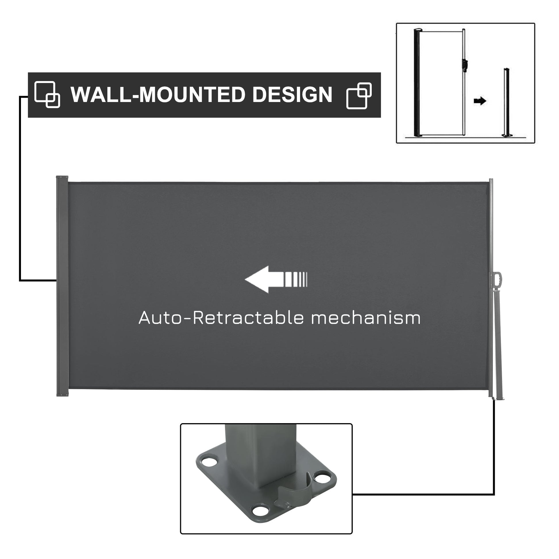 118" x 63" Retractable Side Awning Patio Outdoor Folding Privacy Screen with Resistance to UV Rays & Wind, Grey