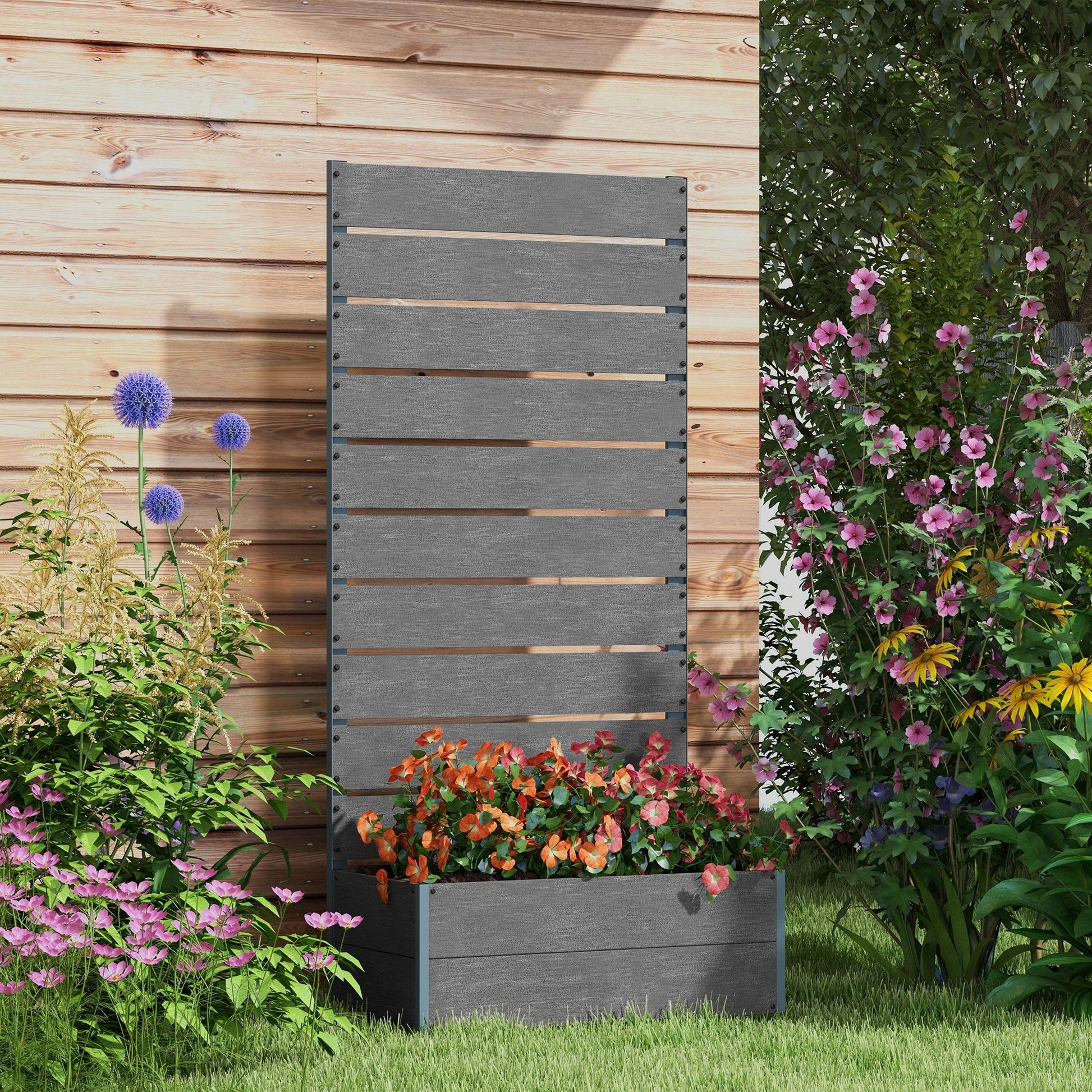 Raised Garden Bed with Trellis for Climbing Plants, 28" x 15" x 59" Planter Box with Self Draining Gap, Freestanding Trellis Planter for Outdoor, Patio, Dark Grey
