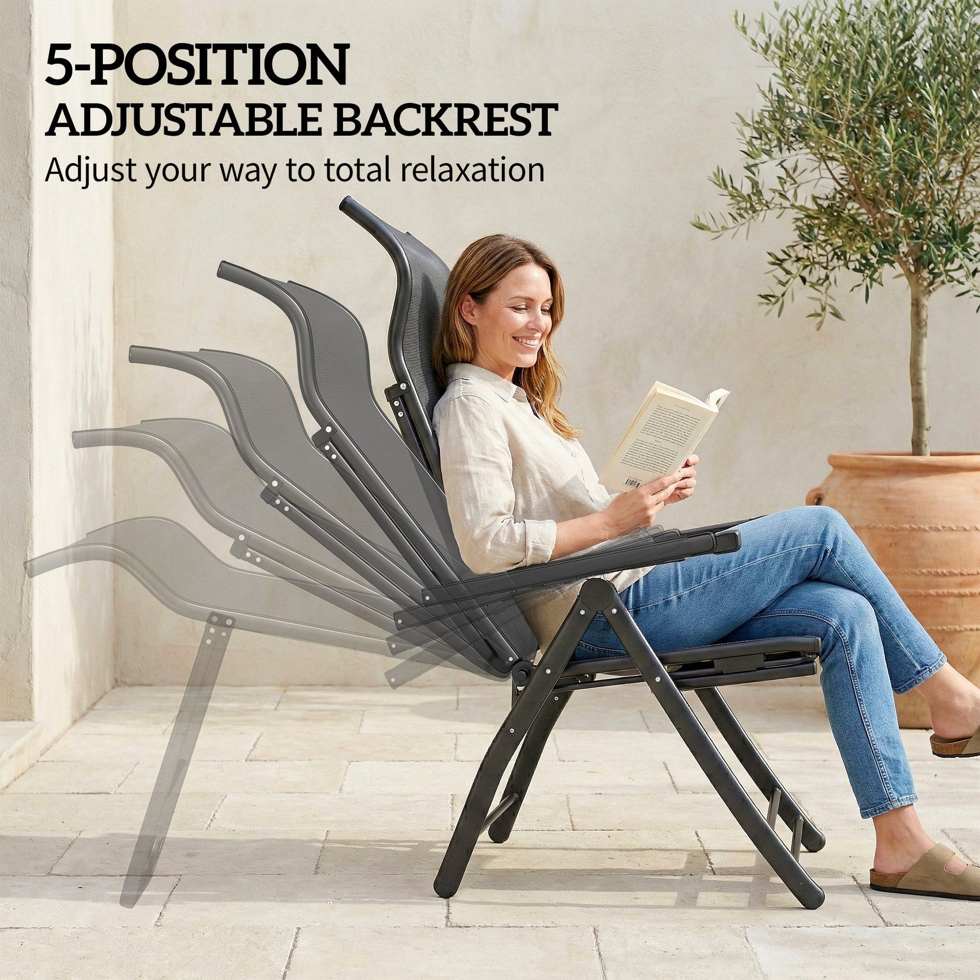Folding Patio Chairs Set of 2, Reclining Outdoor Chair with 33.5" High Back, Retractable Footrest, 5-Position Outdoor Recliner Lounge Chairs for Lawn Yard Beach, Dark Grey