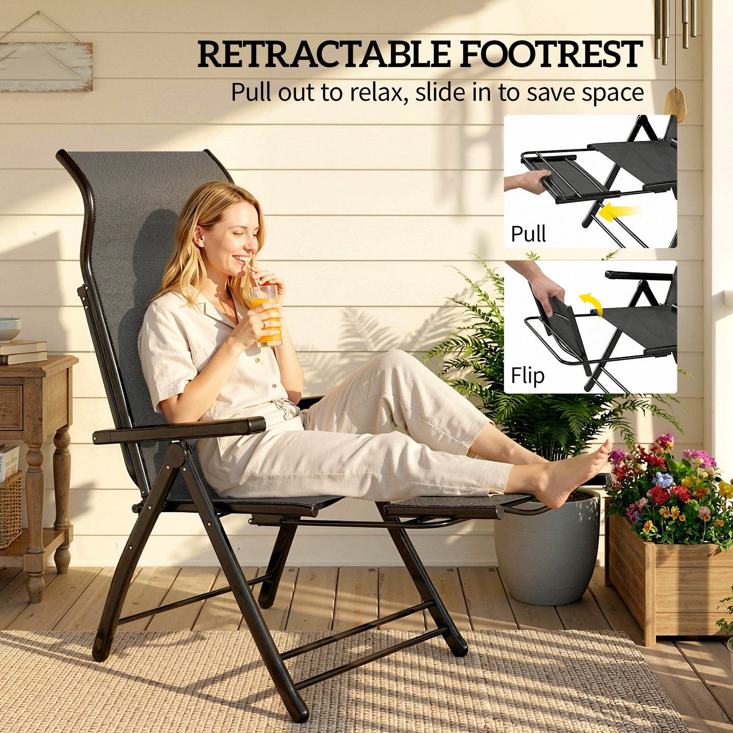 Folding Patio Chairs Set of 2, Reclining Outdoor Chair with 33.5" High Back, Retractable Footrest, 5-Position Outdoor Recliner Lounge Chairs for Lawn Yard Beach, Dark Grey