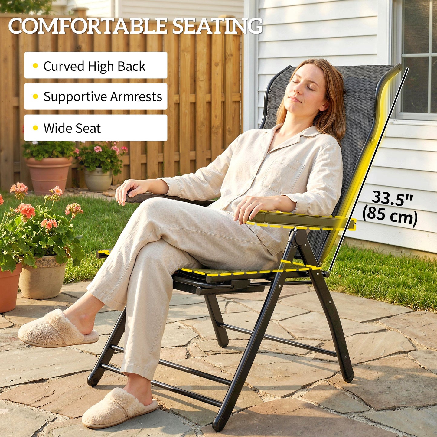 Folding Patio Chairs Set of 2, Reclining Outdoor Chair with 33.5" High Back, Retractable Footrest, 5-Position Outdoor Recliner Lounge Chairs for Lawn Yard Beach, Dark Grey