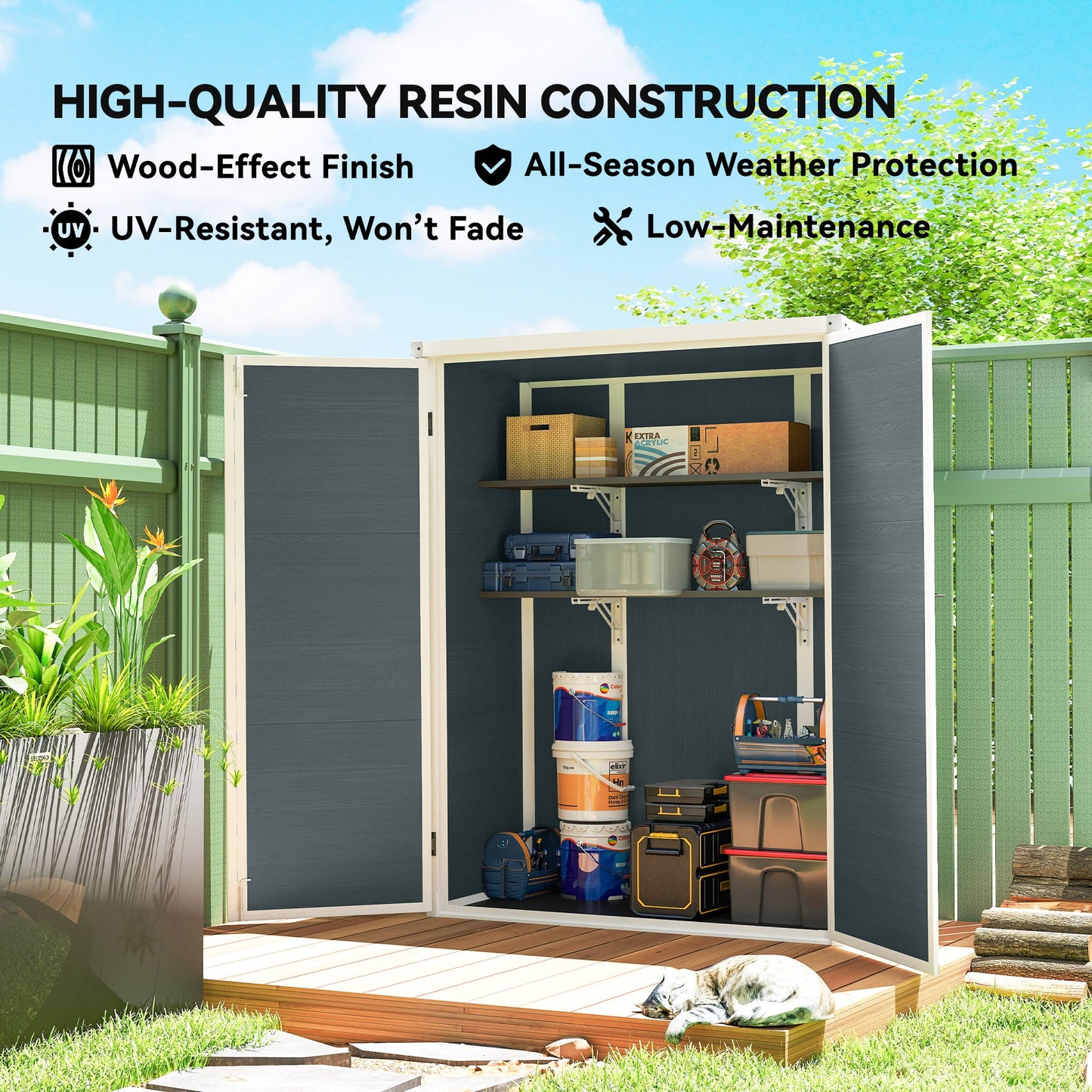 4.4' x 2.3' Plastic Garden Shed, Wood-Effect Outdoor Storage Shed with Floor, 2 Foldable Shelves and Lockable Double Doors for Backyard, Patio, Distressed Grey