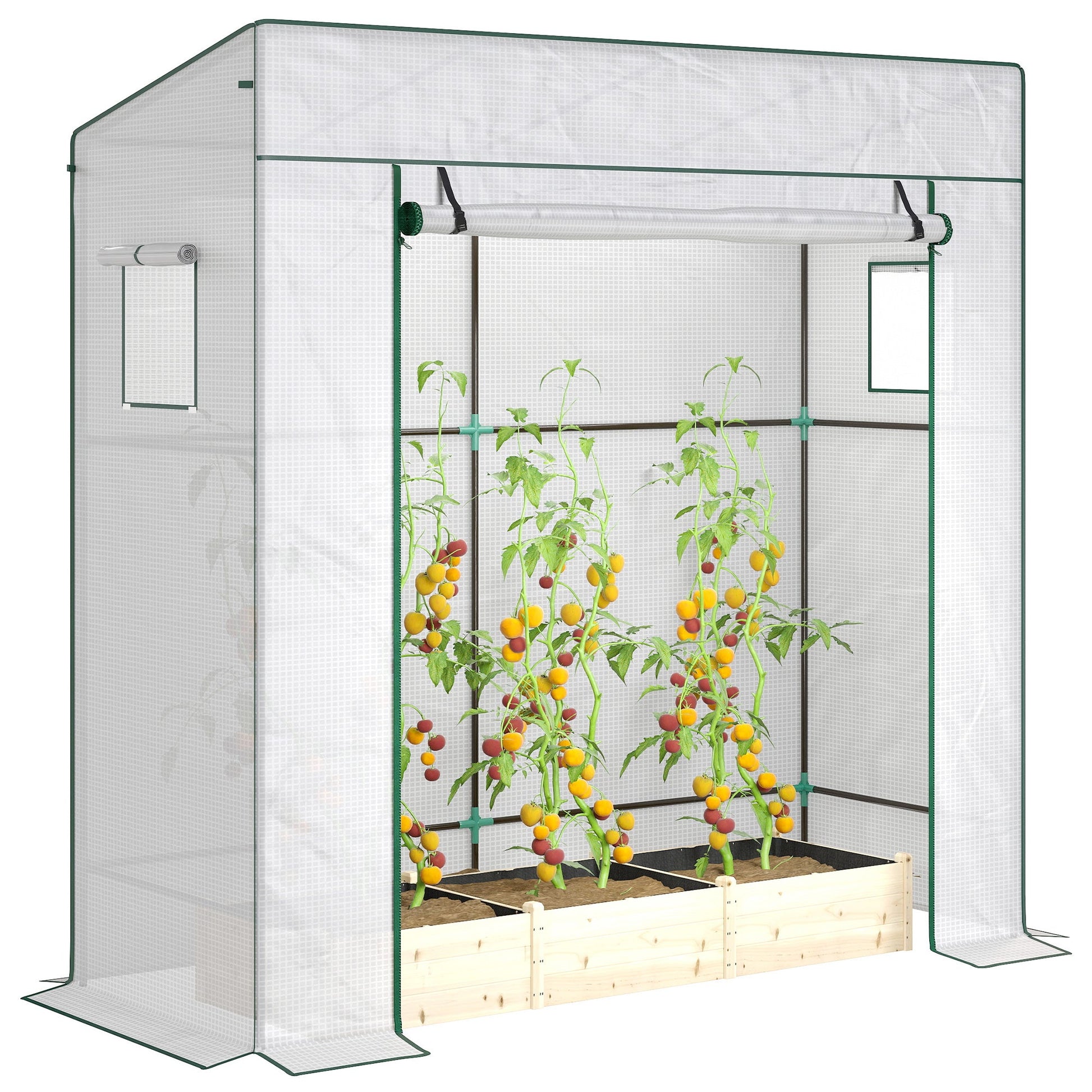 Lean-to Tomato Greenhouse with PE Cover, Walk-in Green House with Roll-up Door and 2 Mesh Windows, Portable Plant Grow House for Indoor Outdoor, 77.2"x30.3"x77.6", White