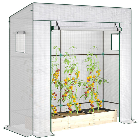 Lean-to Tomato Greenhouse with PE Cover, Walk-in Green House with Roll-up Door and 2 Mesh Windows, Portable Plant Grow House for Indoor Outdoor, 77.2"x30.3"x77.6", White
