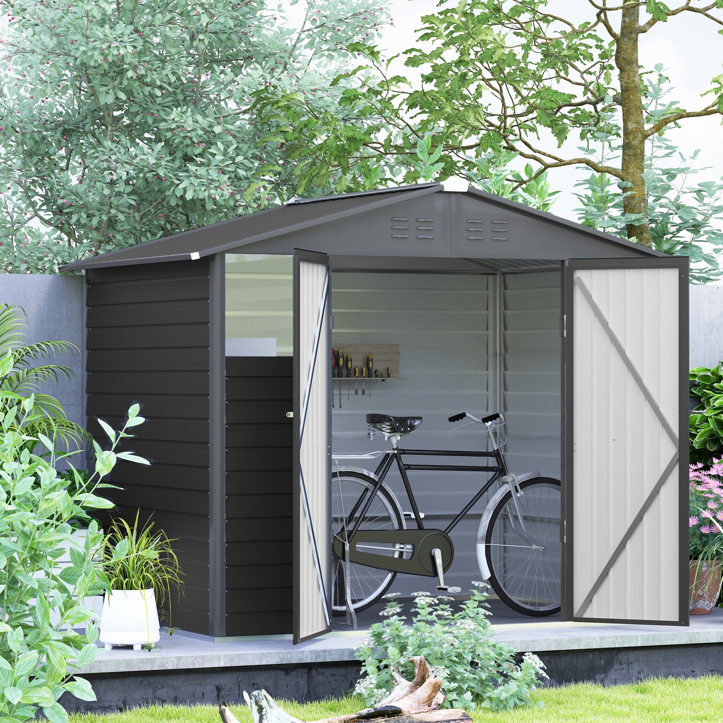 8' x 6' Outdoor Storage Shed, Galvanized Metal Garden Shed with 2 Windows, 4 Vents, Lockable Doors and Gloves, Tool Shed for Backyard, Patio, Lawn, Dark Grey
