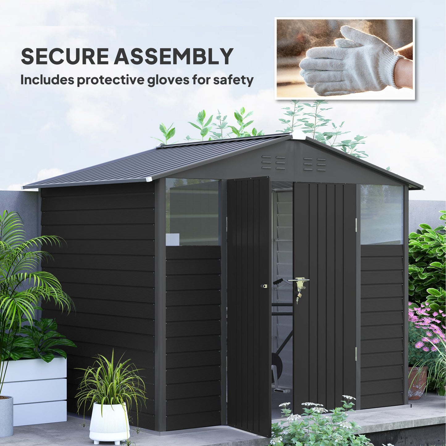 8' x 6' Outdoor Storage Shed, Galvanized Metal Garden Shed with 2 Windows, 4 Vents, Lockable Doors and Gloves, Tool Shed for Backyard, Patio, Lawn, Dark Grey