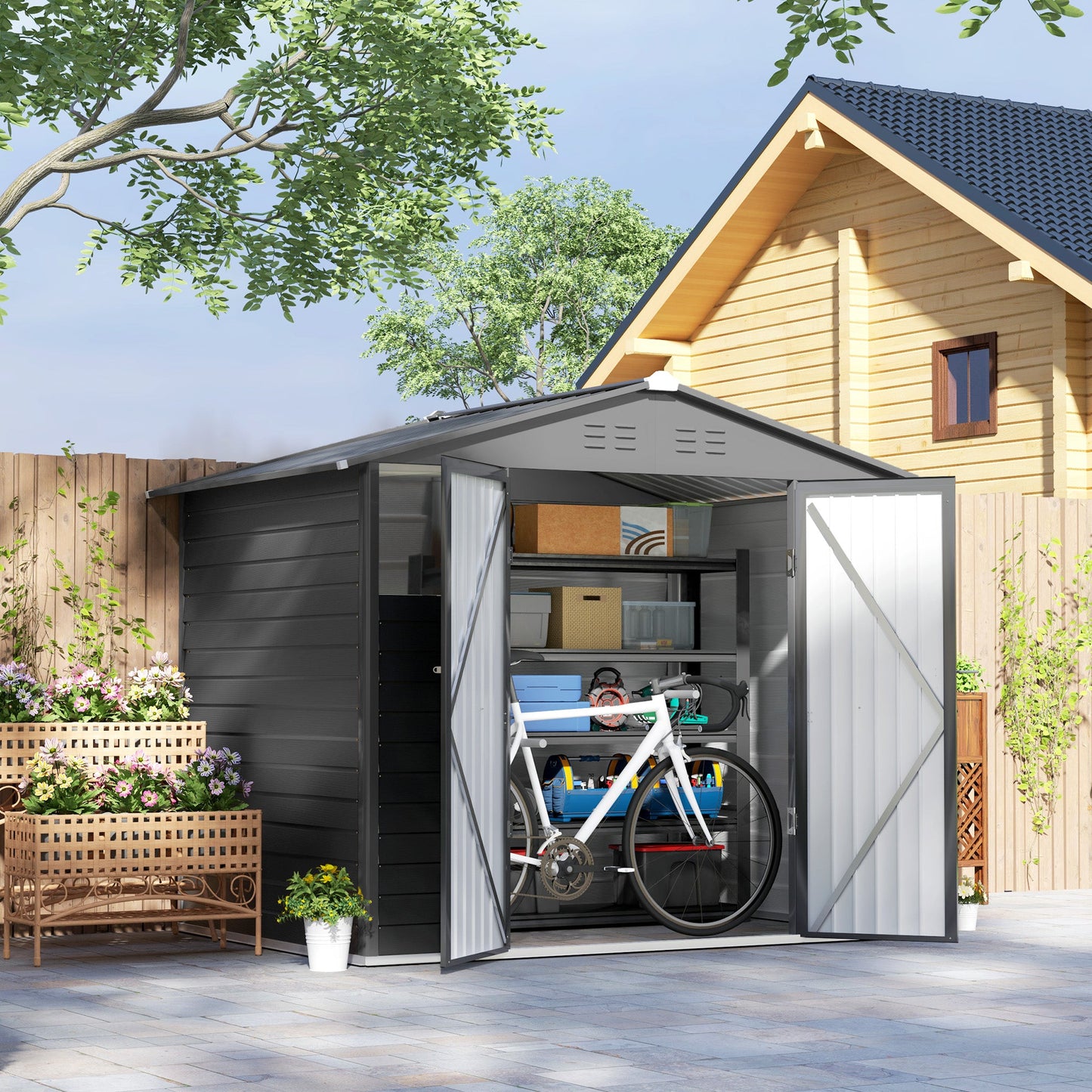 8' x 6' Outdoor Storage Shed, Galvanized Metal Garden Shed with 2 Windows, 4 Vents, Lockable Doors and Gloves, Tool Shed for Backyard, Patio, Lawn, Dark Grey