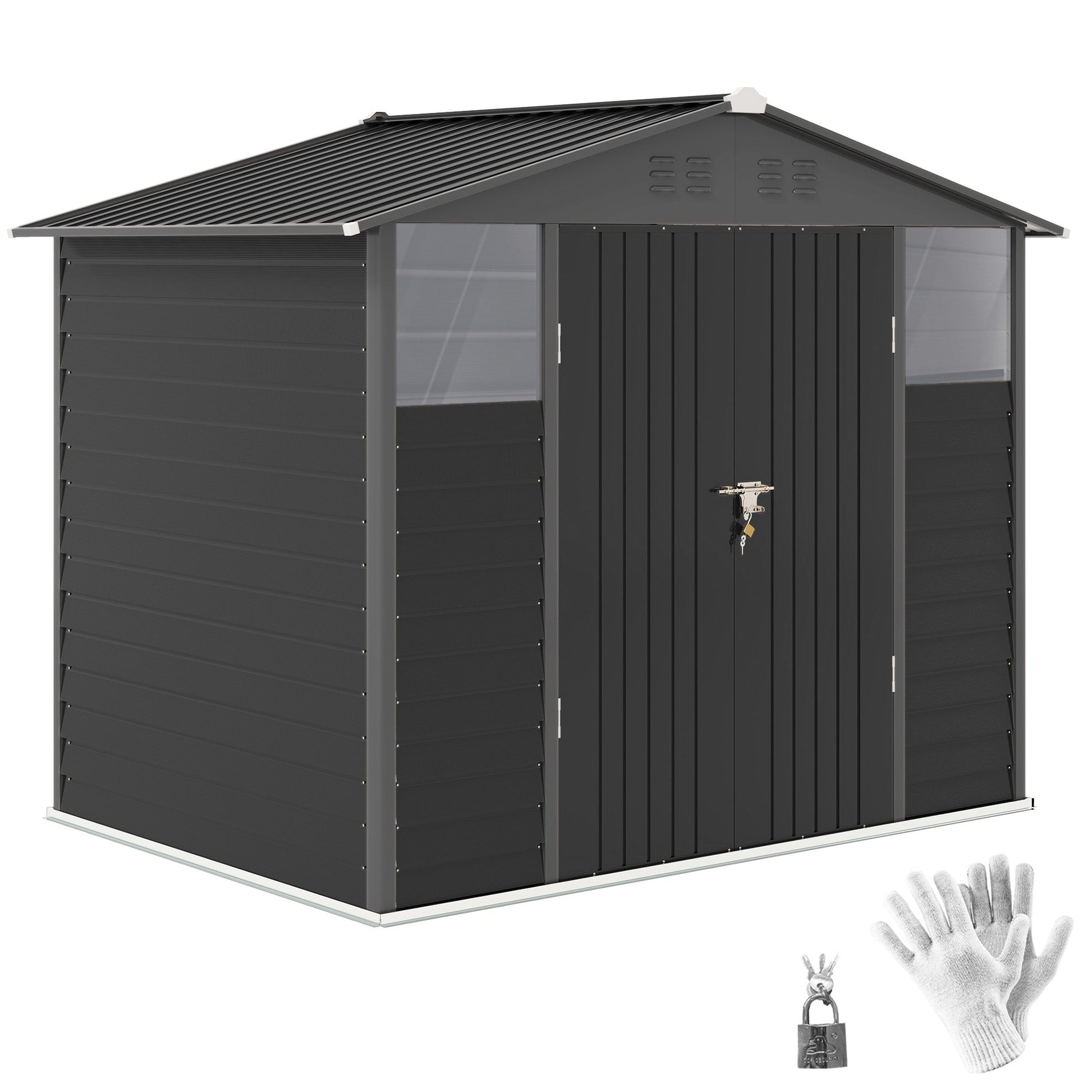 8' x 6' Outdoor Storage Shed, Galvanized Metal Garden Shed with 2 Windows, 4 Vents, Lockable Doors and Gloves, Tool Shed for Backyard, Patio, Lawn, Dark Grey