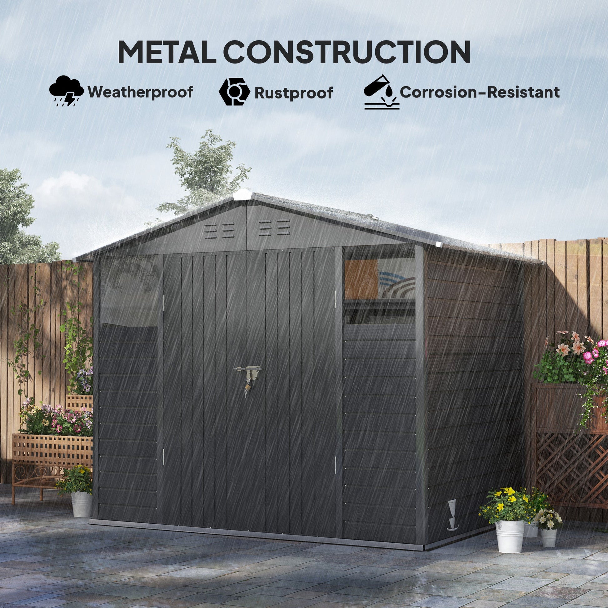 8' x 6' Outdoor Storage Shed, Galvanized Metal Garden Shed with 2 Windows, 4 Vents, Lockable Doors and Gloves, Tool Shed for Backyard, Patio, Lawn, Dark Grey