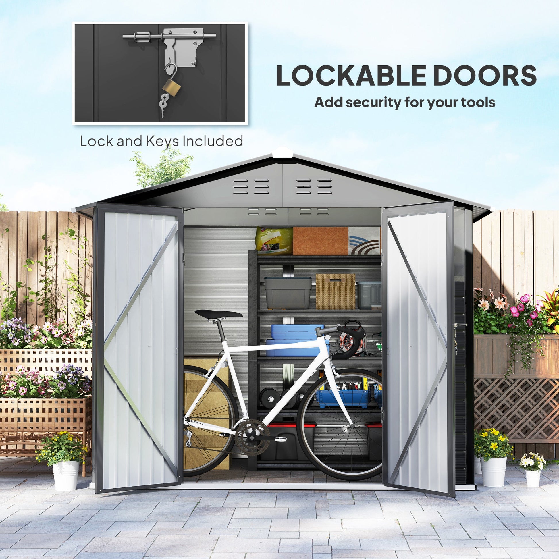 8' x 6' Outdoor Storage Shed, Galvanized Metal Garden Shed with 2 Windows, 4 Vents, Lockable Doors and Gloves, Tool Shed for Backyard, Patio, Lawn, Dark Grey