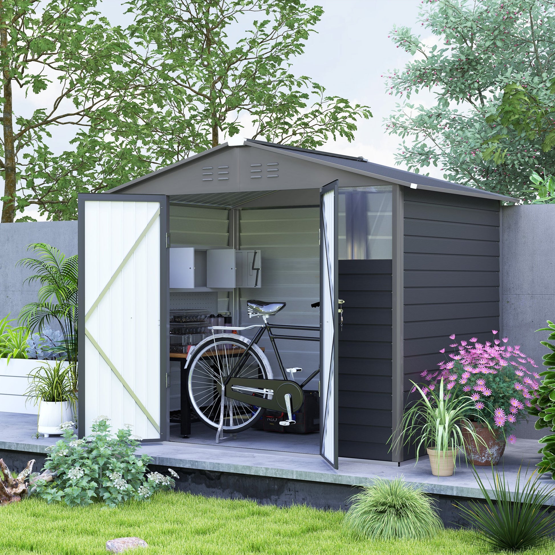 8' x 6' Outdoor Storage Shed, Galvanized Metal Garden Shed with 2 Windows, 4 Vents, Lockable Doors and Gloves, Tool Shed for Backyard, Patio, Lawn, Dark Grey