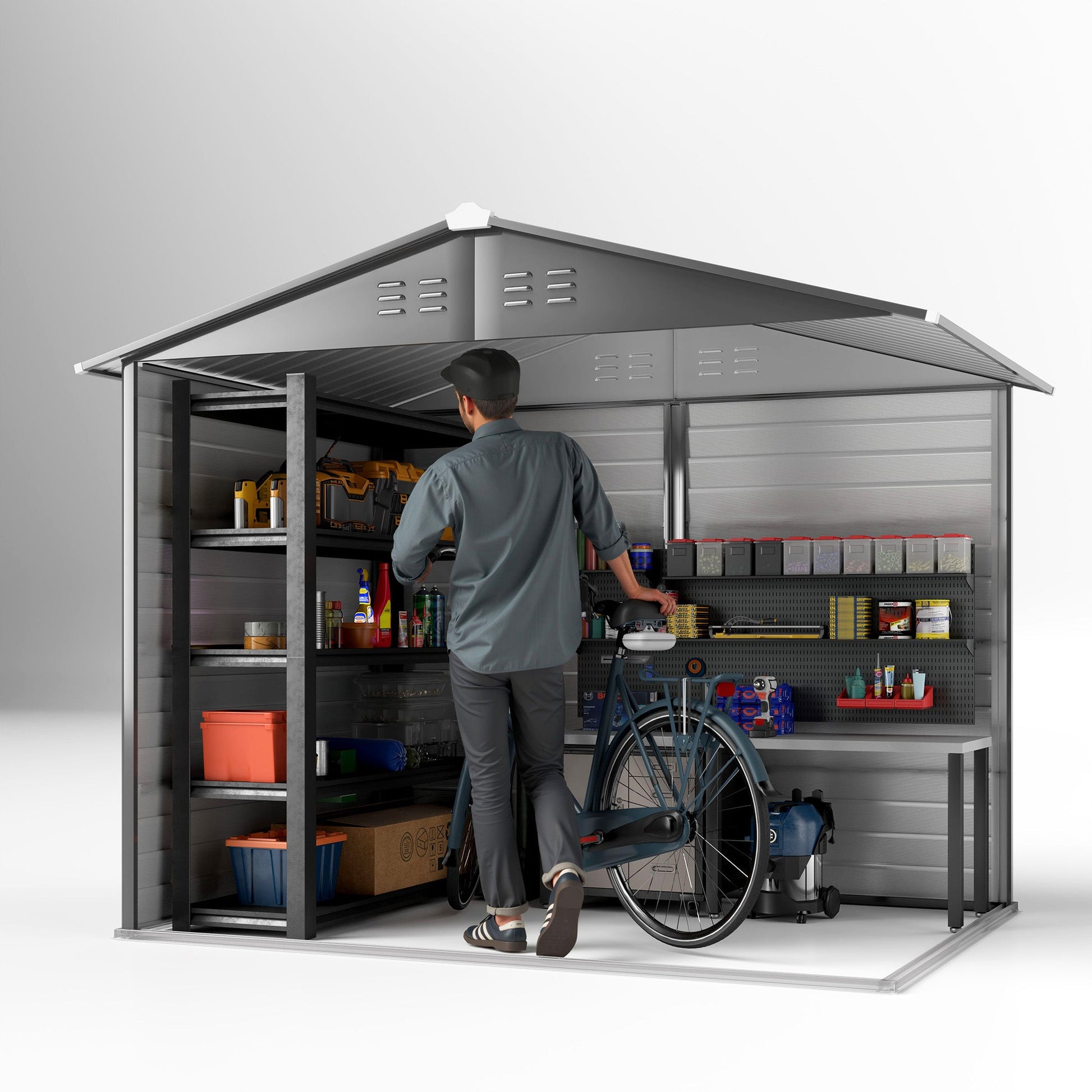 8' x 6' Outdoor Storage Shed, Galvanized Metal Garden Shed with 2 Windows, 4 Vents, Lockable Doors and Gloves, Tool Shed for Backyard, Patio, Lawn, Dark Grey