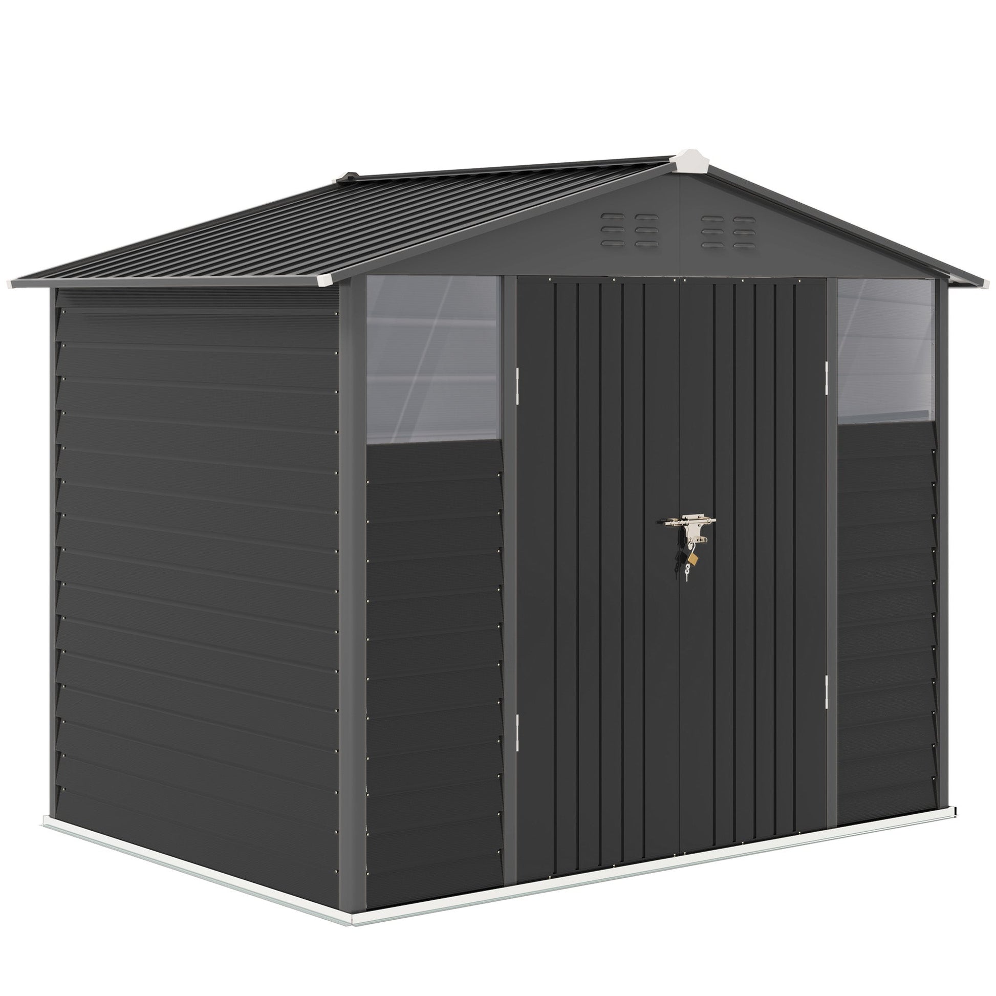 8' x 6' Outdoor Storage Shed, Galvanized Metal Garden Shed with 2 Windows, 4 Vents, Lockable Doors and Gloves, Tool Shed for Backyard, Patio, Lawn, Dark Grey