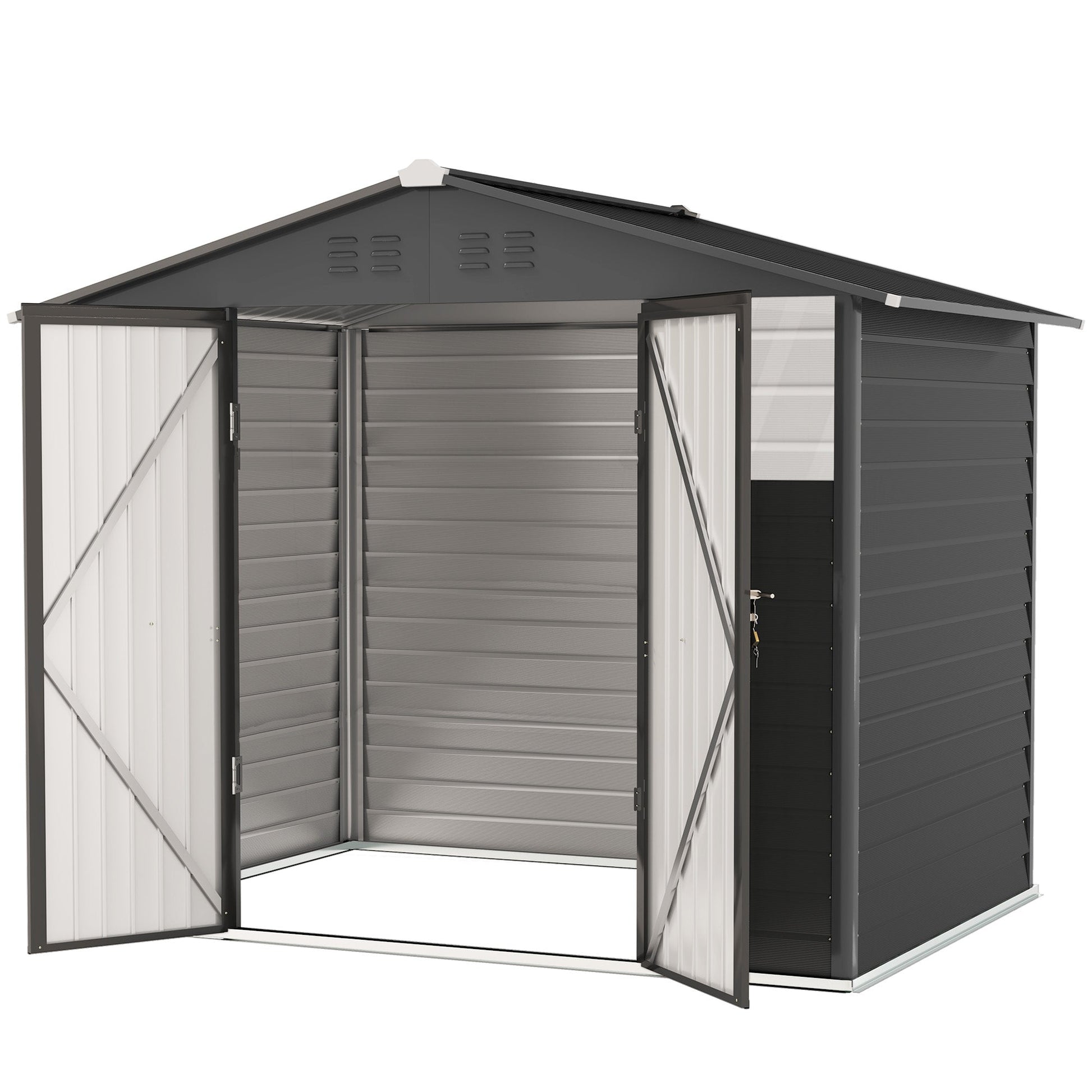 8' x 6' Outdoor Storage Shed, Galvanized Metal Garden Shed with 2 Windows, 4 Vents, Lockable Doors and Gloves, Tool Shed for Backyard, Patio, Lawn, Dark Grey