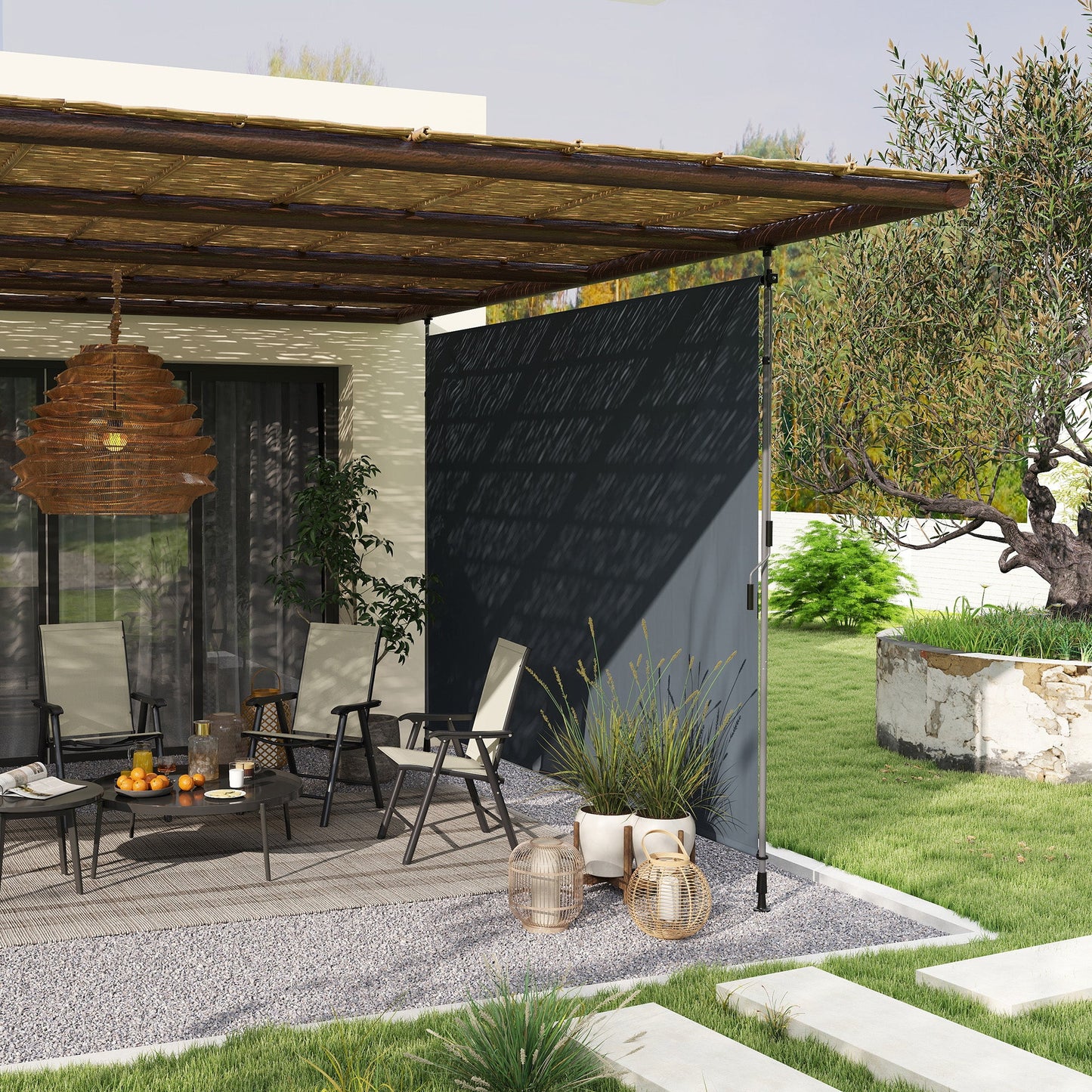 11.5' x 10' Retractable Patio Awning, Manual Outdoor Privacy Screen with UPF30+ & Water-Resistant Fabric for Patio, Balcony, Terrace, Pool, Dark Grey