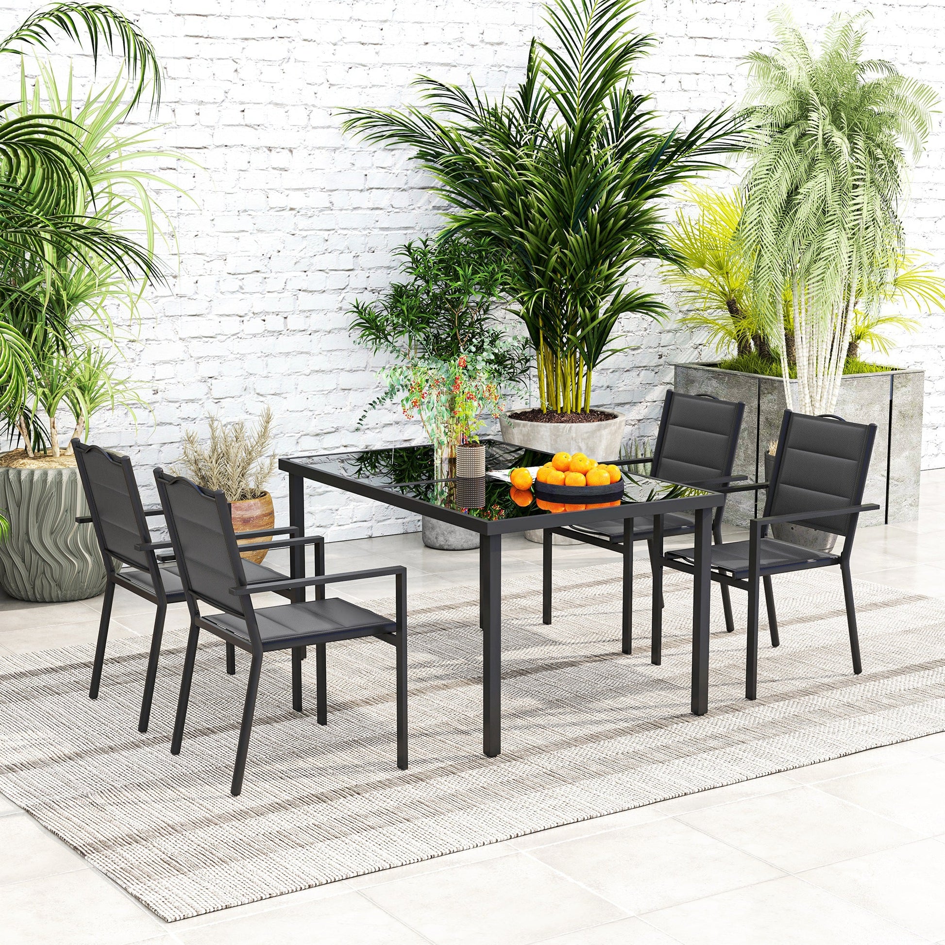 5 Piece Outdoor Dining Set, Patio Furniture Set with 4 Stackable Chairs, Rectangle Table, Tempered Glass Top, Steel Frame, for Backyard, Porch, Garden, Poolside