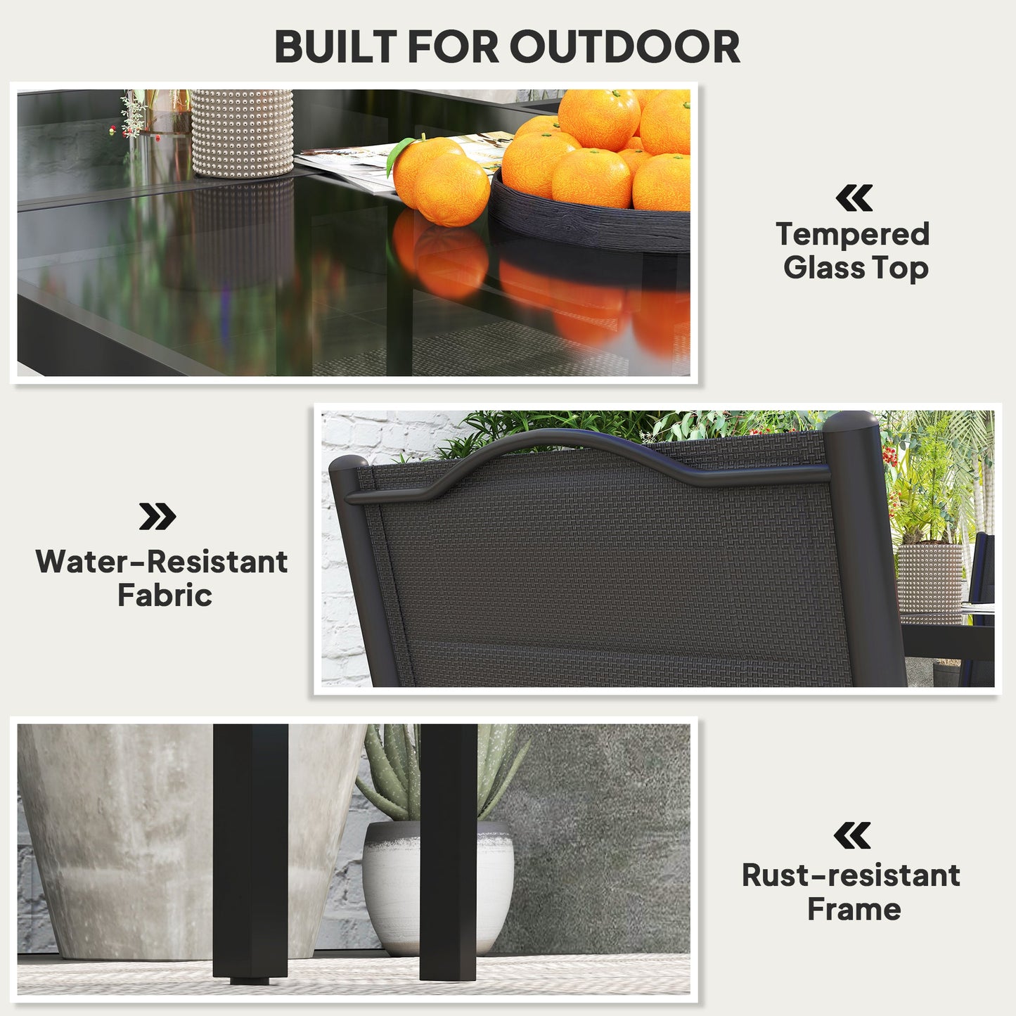 5 Piece Outdoor Dining Set, Patio Furniture Set with 4 Stackable Chairs, Rectangle Table, Tempered Glass Top, Steel Frame, for Backyard, Porch, Garden, Poolside