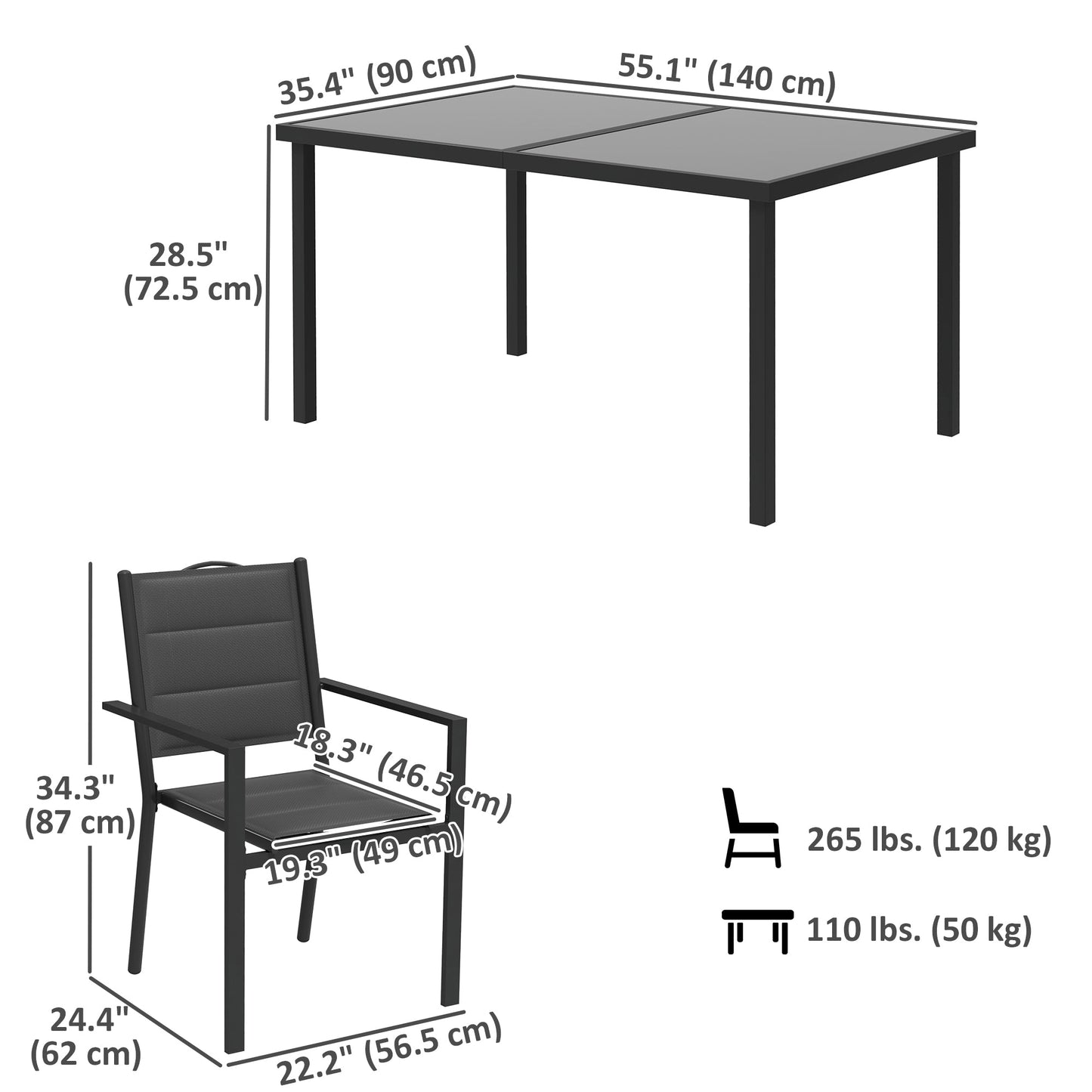 5 Piece Outdoor Dining Set, Patio Furniture Set with 4 Stackable Chairs, Rectangle Table, Tempered Glass Top, Steel Frame, for Backyard, Porch, Garden, Poolside