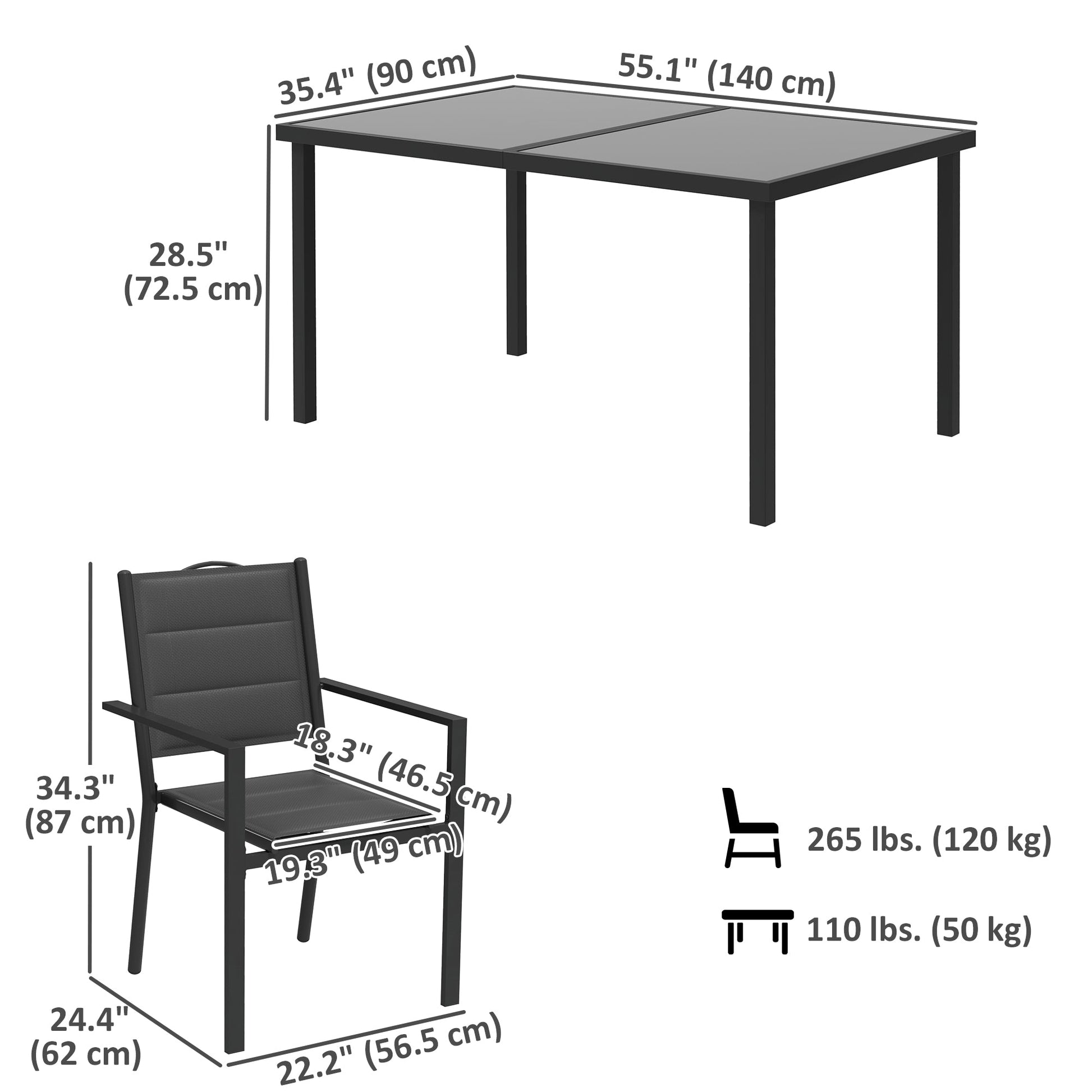 5 Piece Outdoor Dining Set, Patio Furniture Set with 4 Stackable Chairs, Rectangle Table, Tempered Glass Top, Steel Frame, for Backyard, Porch, Garden, Poolside