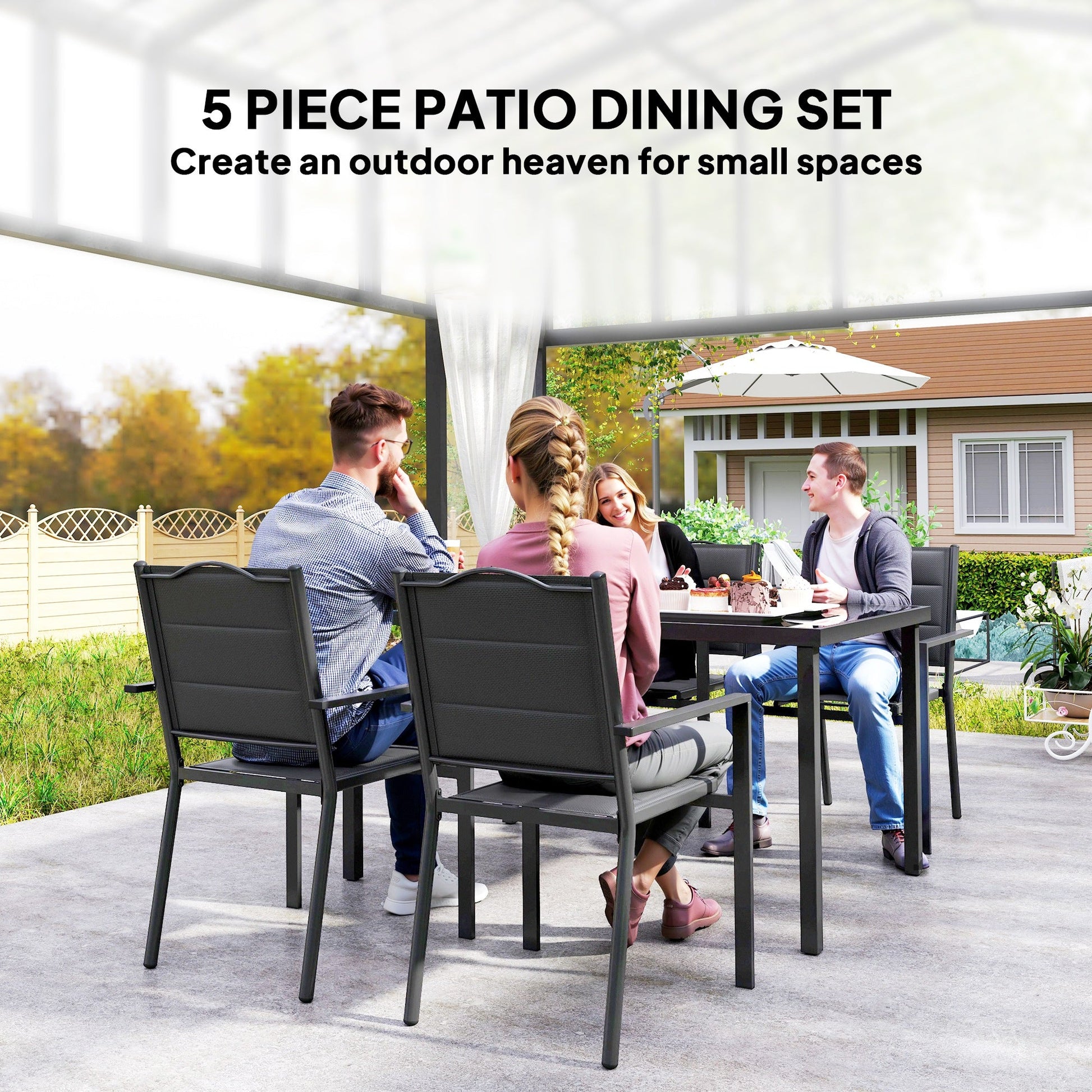 5 Piece Outdoor Dining Set, Patio Furniture Set with 4 Stackable Chairs, Rectangle Table, Tempered Glass Top, Steel Frame, for Backyard, Porch, Garden, Poolside