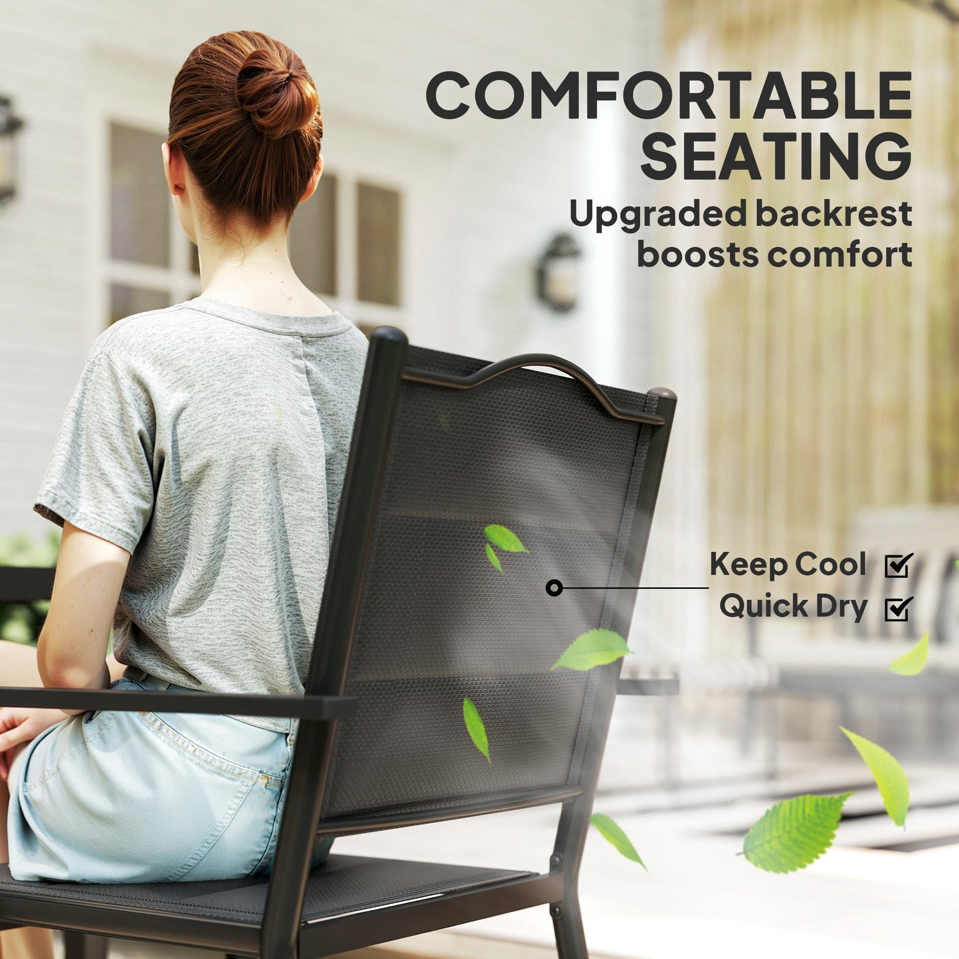 5 Piece Outdoor Dining Set, Patio Furniture Set with 4 Stackable Chairs, Rectangle Table, Tempered Glass Top, Steel Frame, for Backyard, Porch, Garden, Poolside