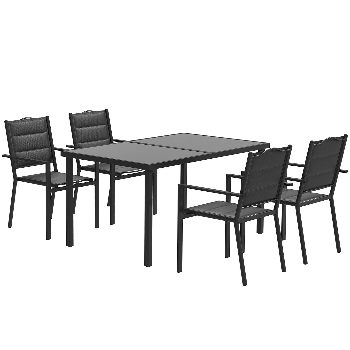 5 Piece Outdoor Dining Set, Patio Furniture Set with 4 Stackable Chairs, Rectangle Table, Tempered Glass Top, Steel Frame, for Backyard, Porch, Garden, Poolside